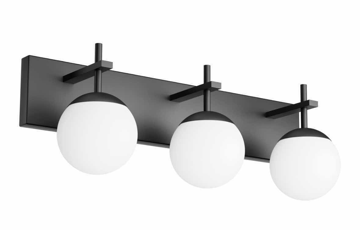 Photo 1 of RALBAY BLACK FINISH 3-LIGHT MID CENTURY MODERN MILKY SHADE VANITY LIGHT FIXTURE