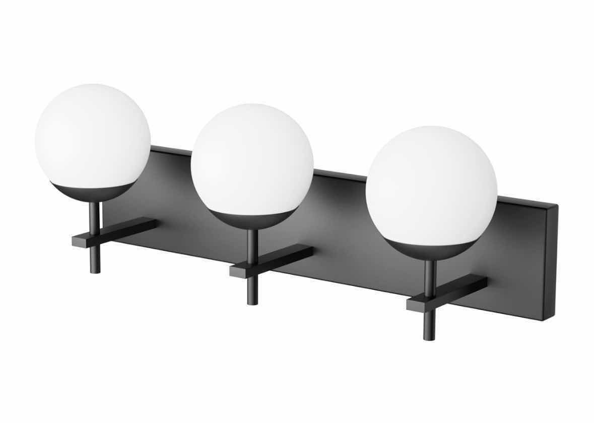 Photo 1 of RALBAY BLACK FINISH 3-LIGHT MID CENTURY MODERN MILKY SHADE VANITY LIGHT FIXTURE