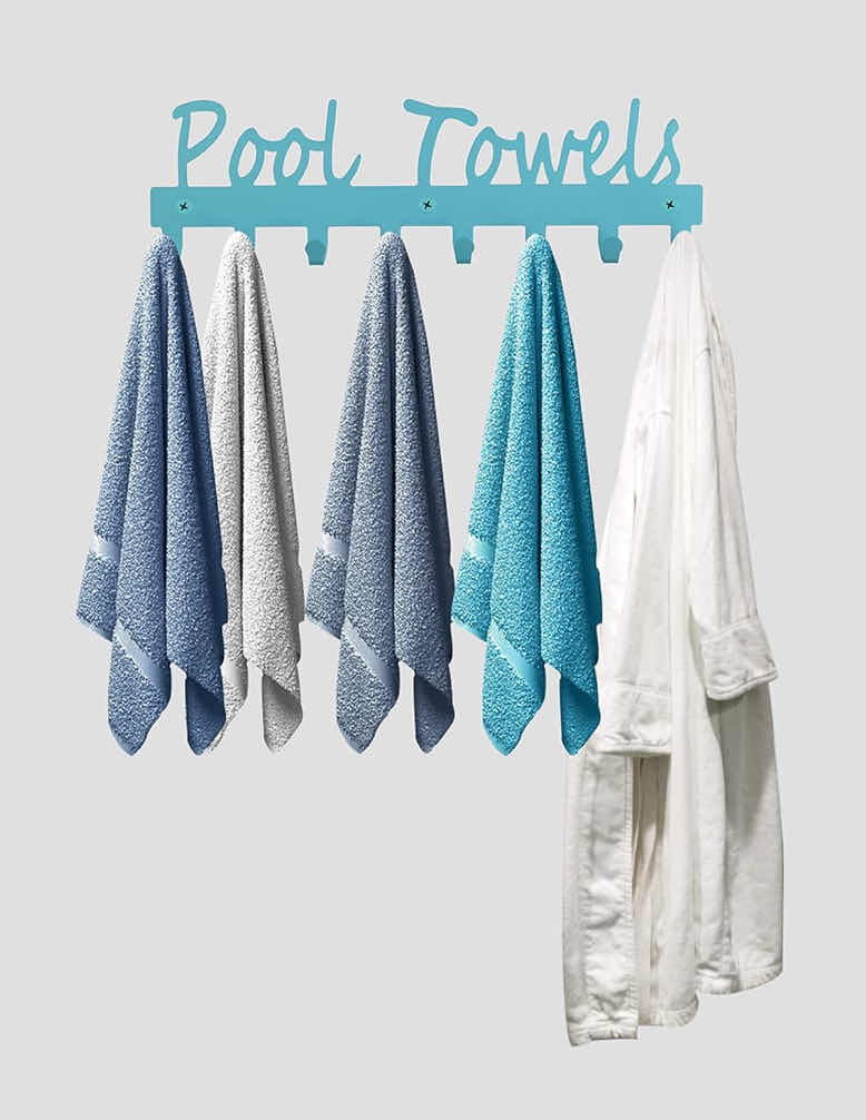 Photo 2 of TEAL CARBON STEEL POOL TOWEL RACK W 8 HOOKS 16” X 4.75”