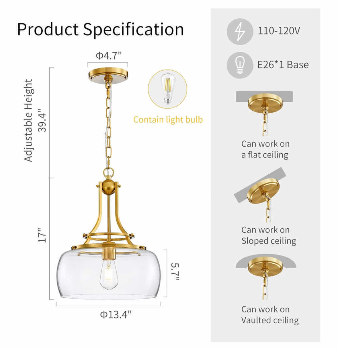 Photo 1 of WUZUPS BRUSHED GOLD CLEAR GLASS SHADE CEILING PENDANT LIGHT FIXTURE