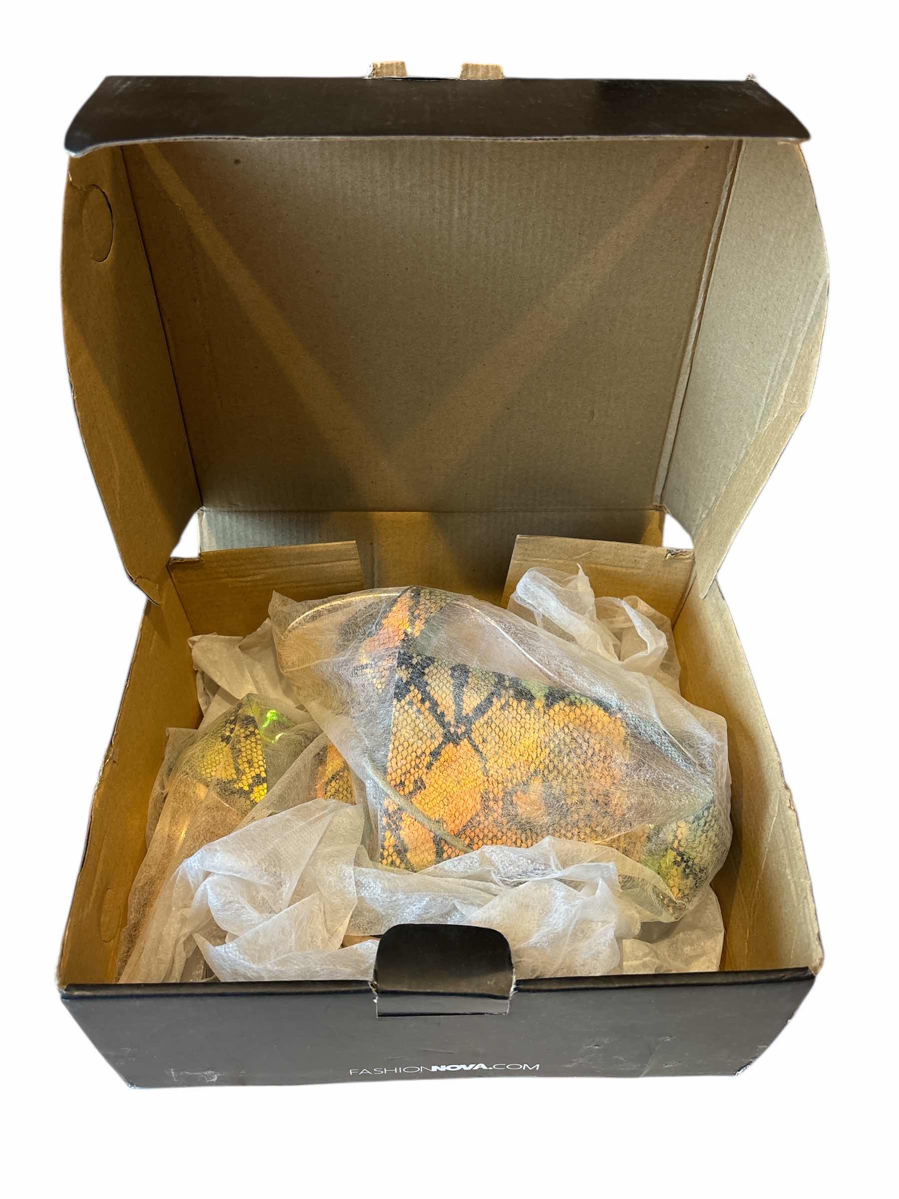 Photo 1 of FASHION NOVA OVERDRESSED NEVER HEELED SANDALS, WOMEN SIZE 6.5 MULTICOLORED SNAKESKIN