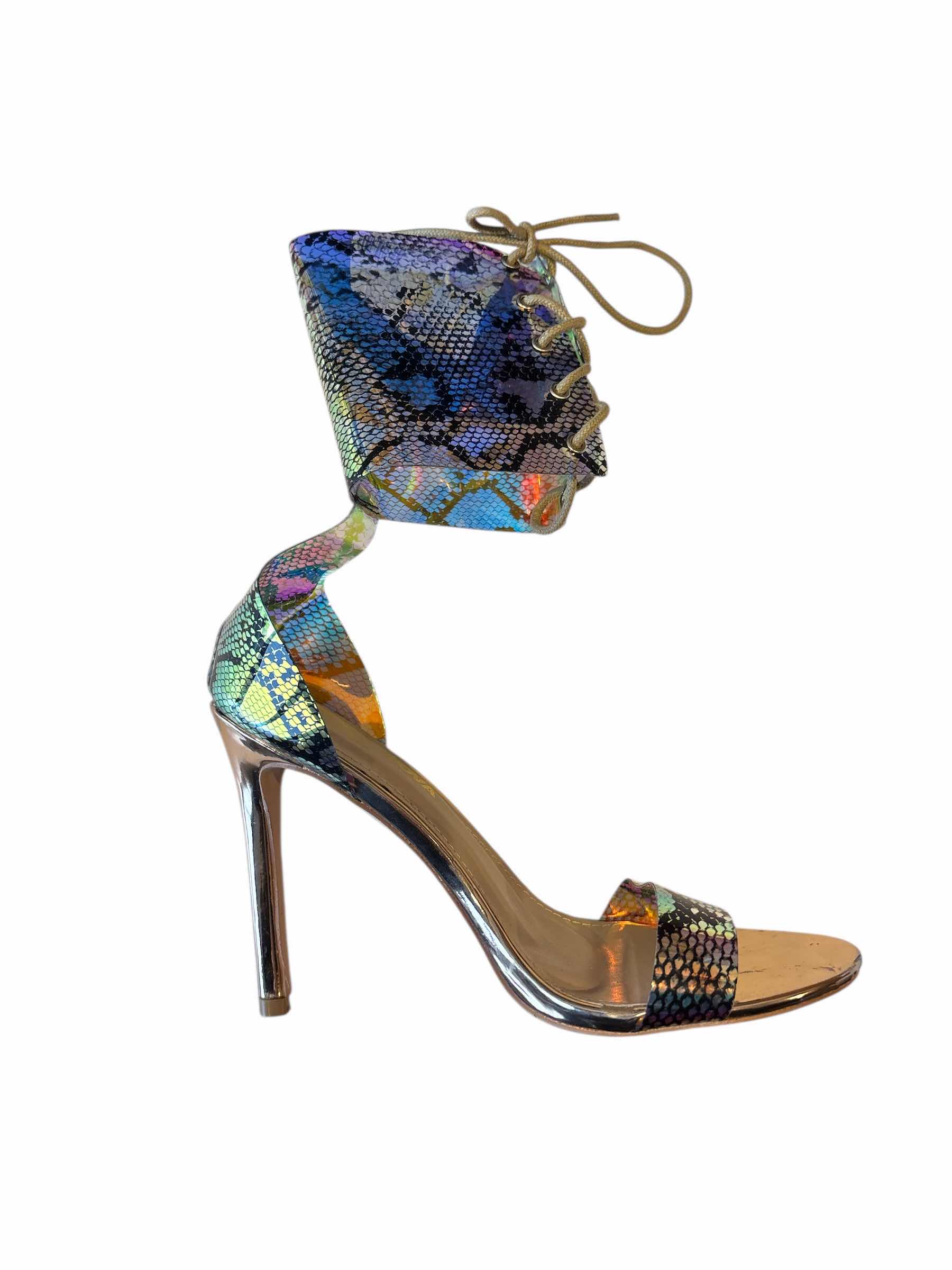 Photo 1 of FASHION NOVA OVERDRESSED NEVER HEELED SANDALS, WOMEN SIZE 6.5 MULTICOLORED SNAKESKIN