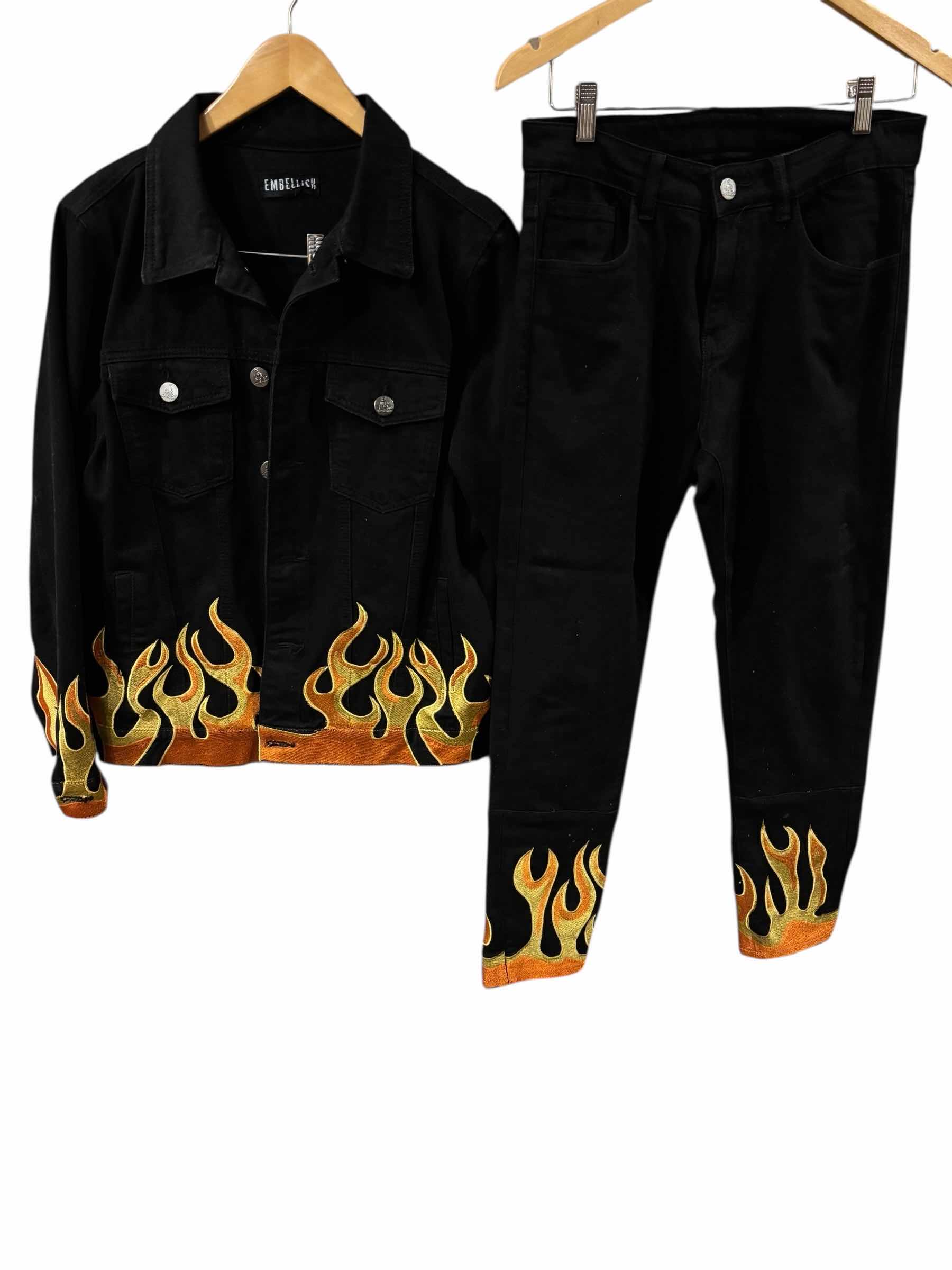 Photo 1 of EMBELLISH BRAND JACKET & JEANS W CUSTOMIZED HARLEY PATCHES, MENS SIZE MEDIUM