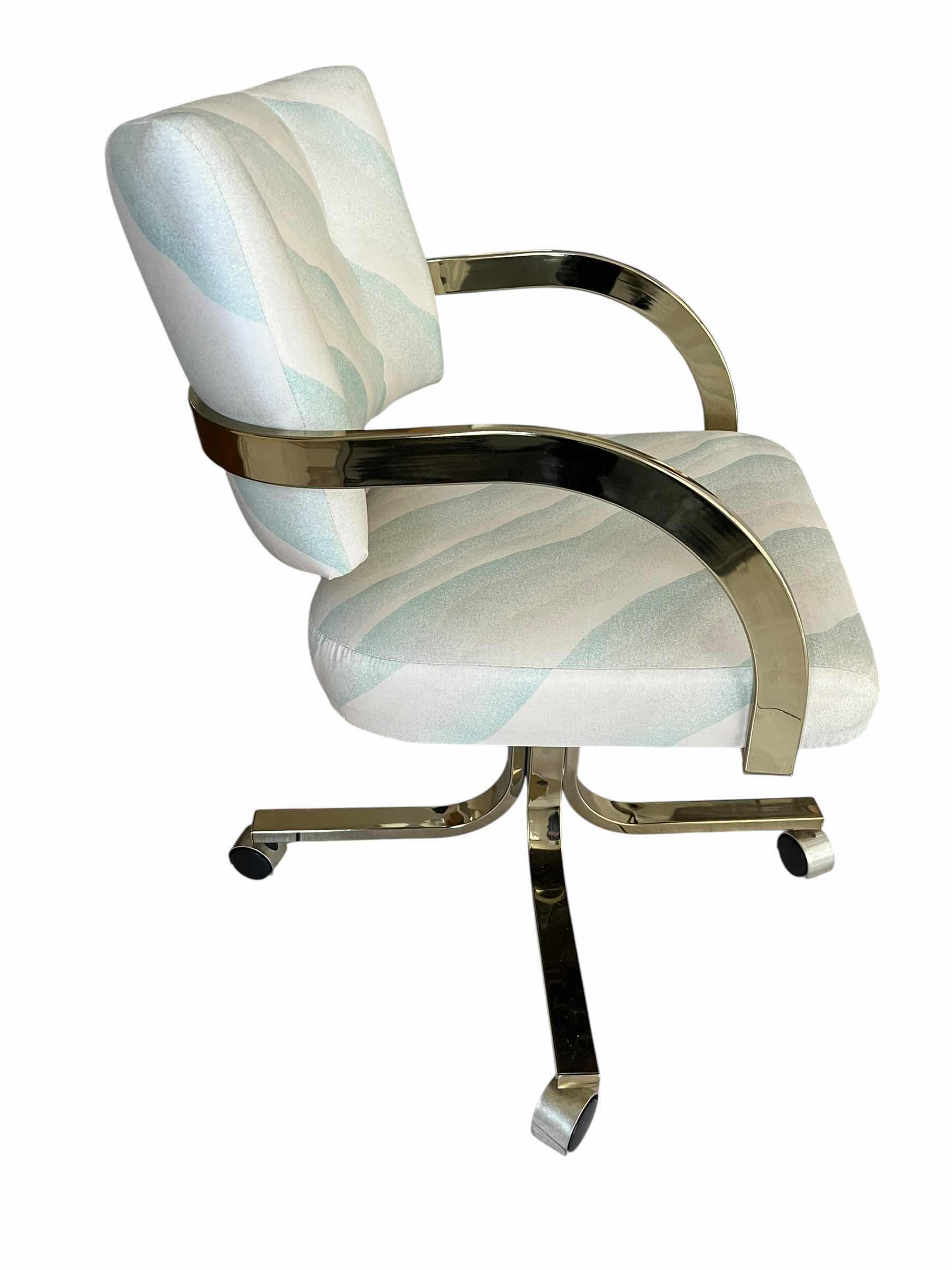 Photo 1 of BRASS FRAMED GLASS TOP TABLE & PASTEL UPHOLSTERED ROLLING 4 CHAIR DINING SET