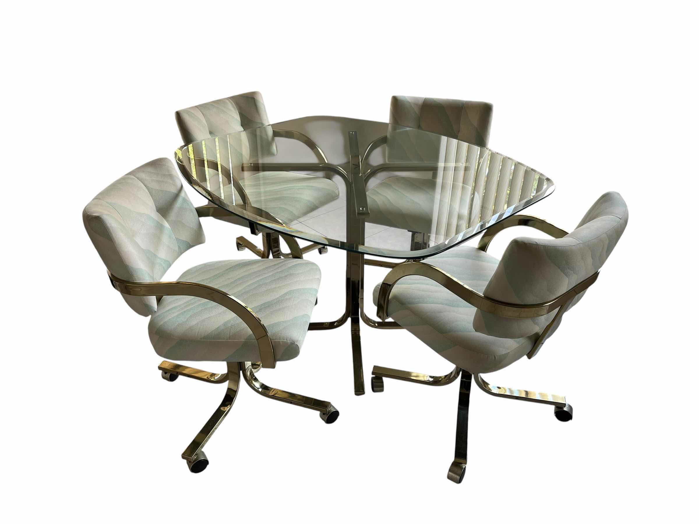 Photo 1 of BRASS FRAMED GLASS TOP TABLE & PASTEL UPHOLSTERED ROLLING 4 CHAIR DINING SET