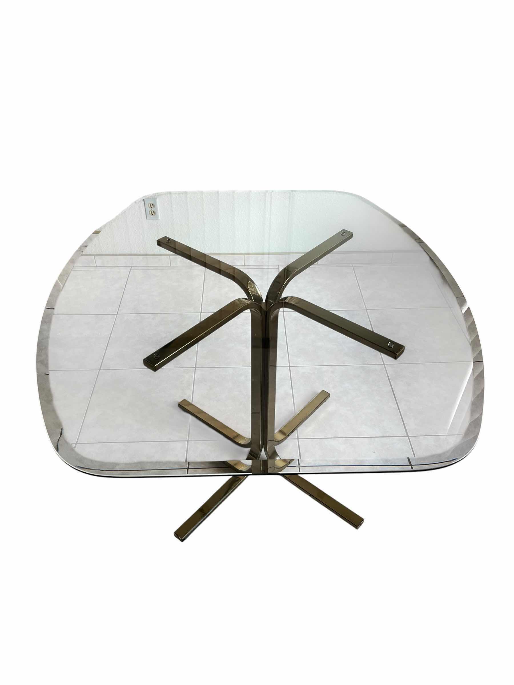 Photo 1 of BRASS FRAMED GLASS TOP TABLE & PASTEL UPHOLSTERED ROLLING 4 CHAIR DINING SET