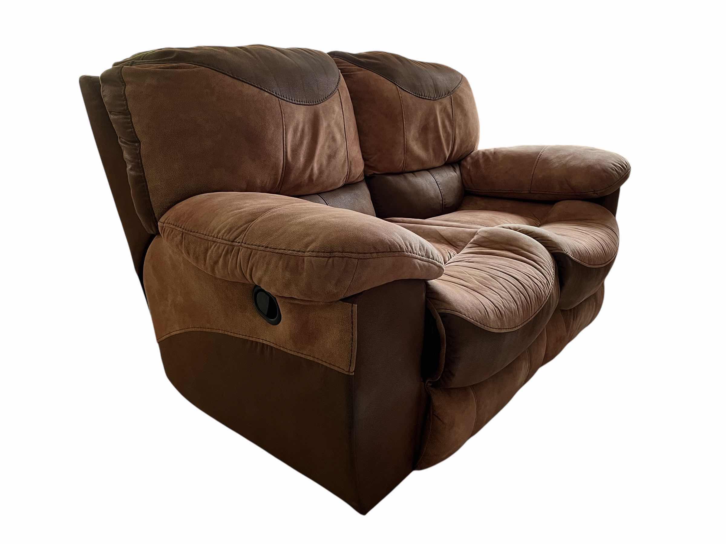 Photo 1 of PORTMAN TWO TONE CHOCOLATE & SADDLE LEATHER DUAL RECLINING BROWN LEATHER LOVESEAT 66“ X 40“ H39”