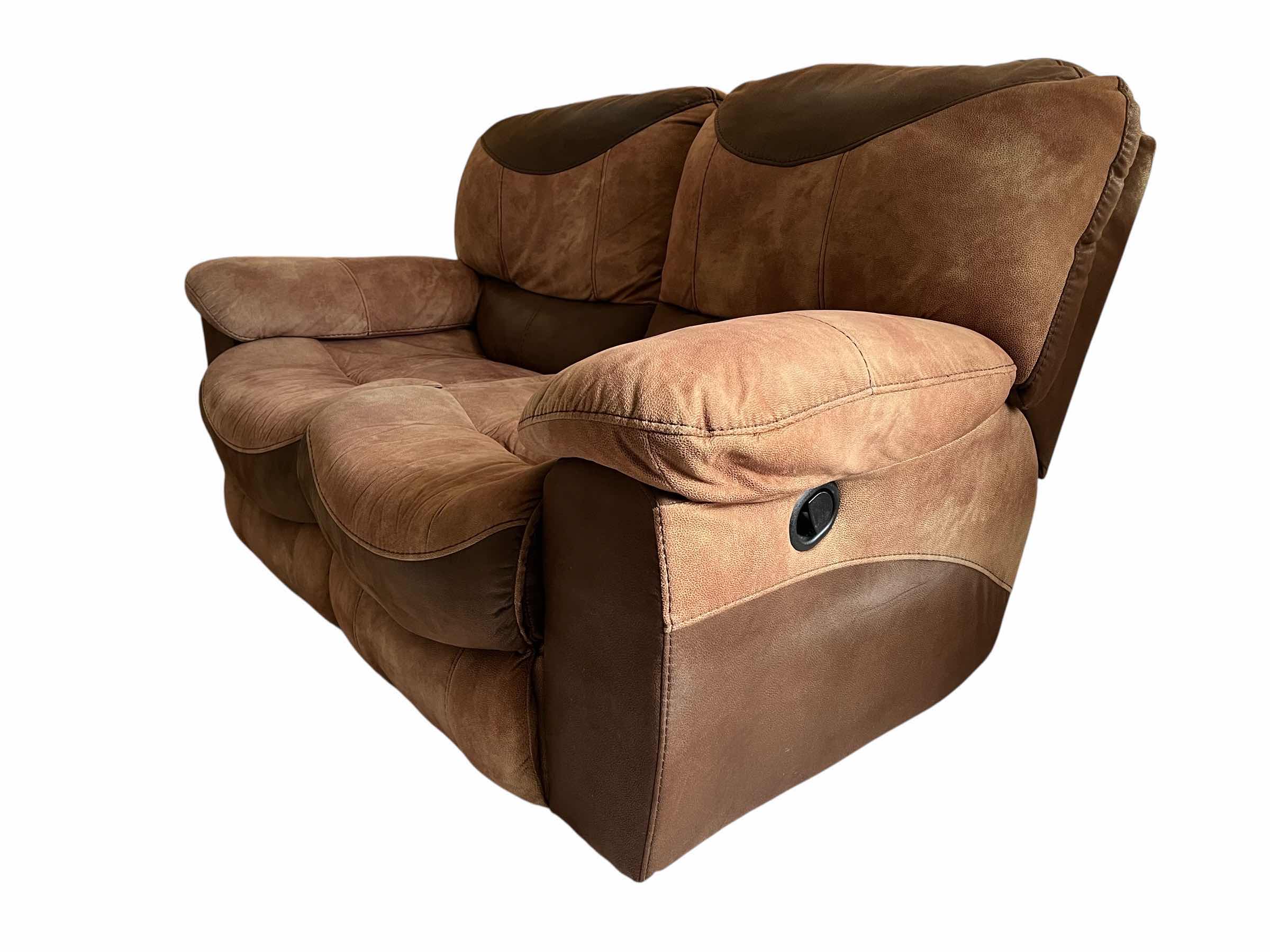 Photo 1 of PORTMAN TWO TONE CHOCOLATE & SADDLE LEATHER DUAL RECLINING BROWN LEATHER LOVESEAT 66“ X 40“ H39”