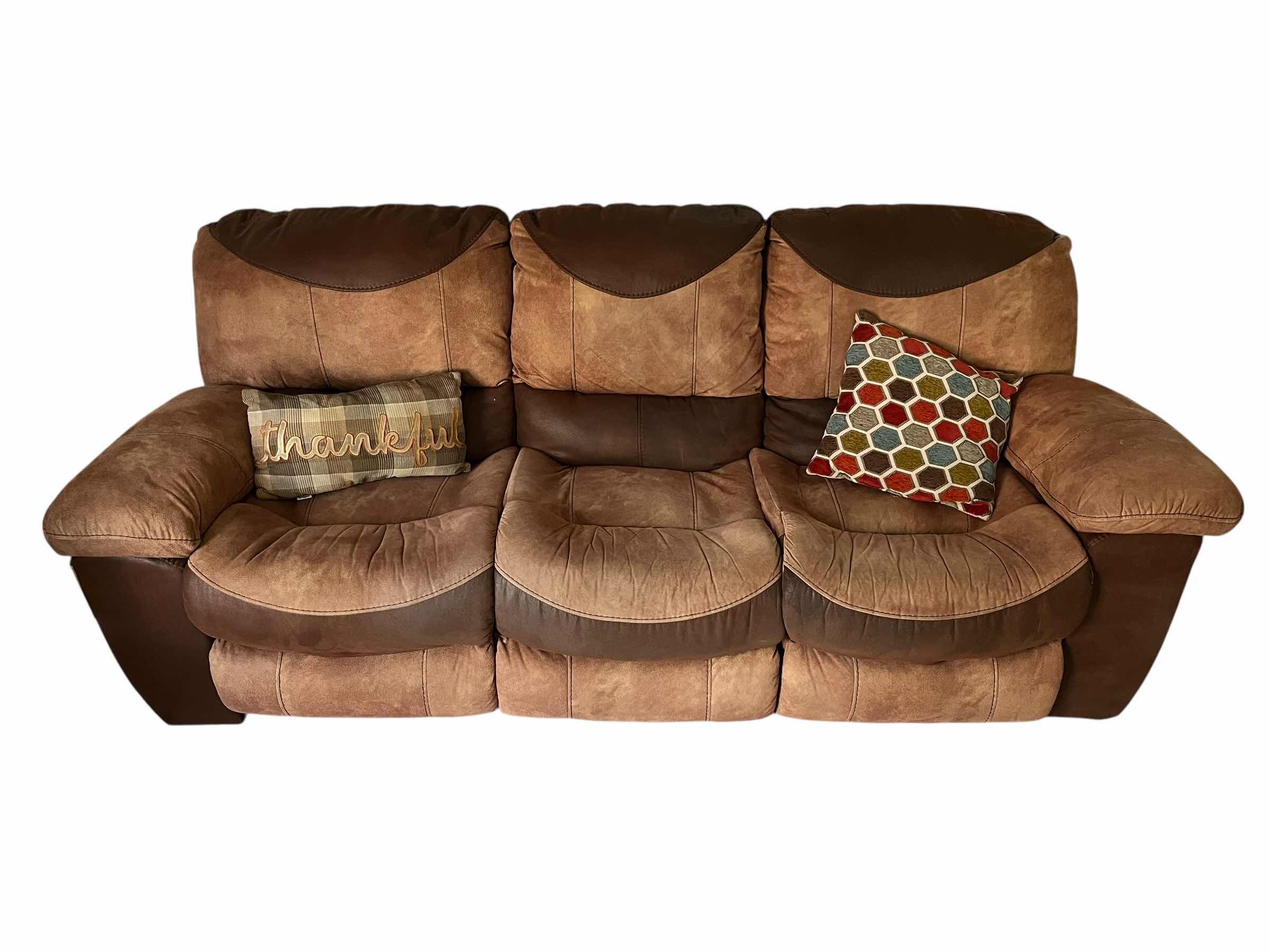 Photo 1 of PORTMAN TWO TONE CHOCOLATE & SADDLE LEATHER DUAL RECLINING BROWN LEATHER SOFA 92” X 40” H39”