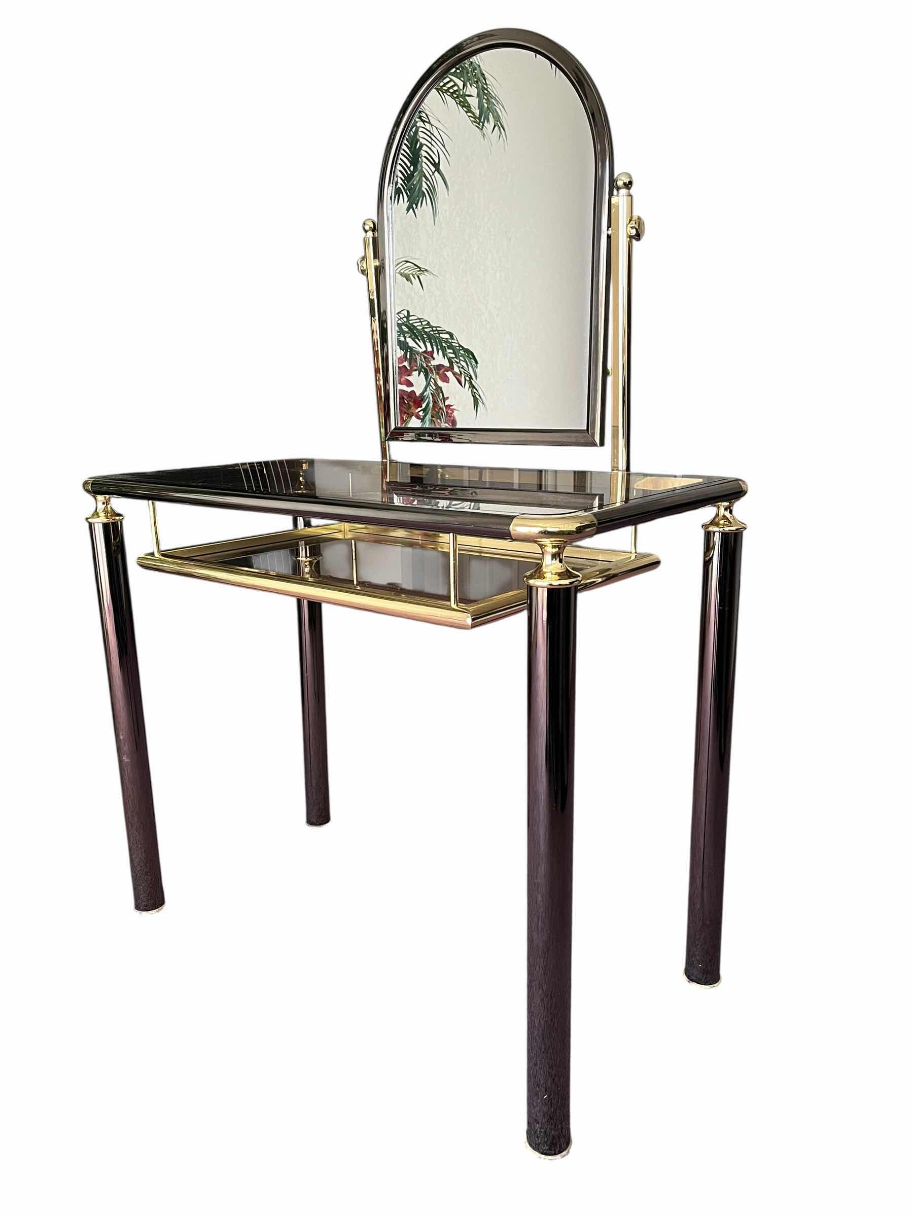 Photo 1 of MID-CENTURY BLACK CHROME & BRASS GLASS TOP VANITY DRESSING TABLE 35” X 20” H53”