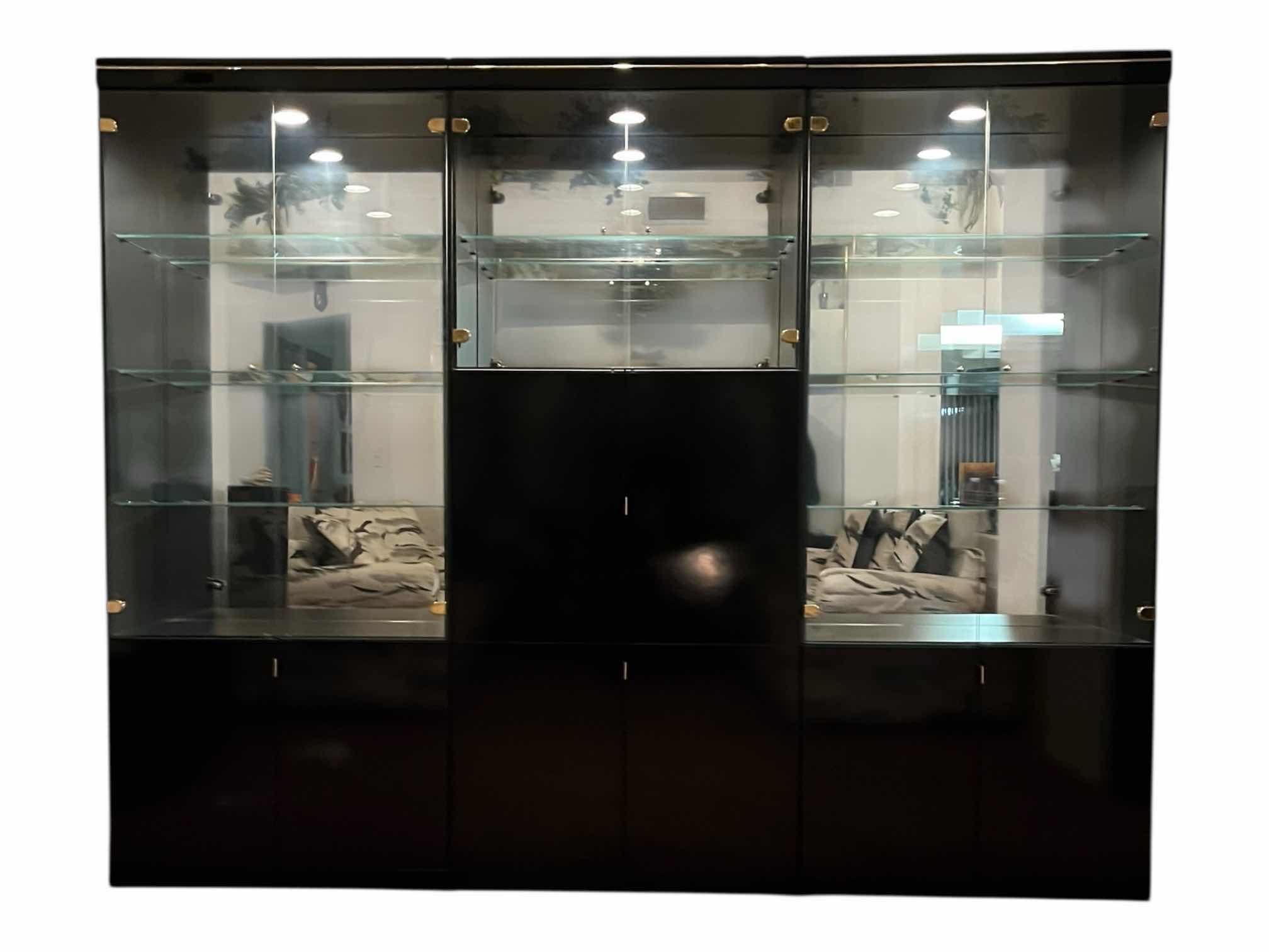 Photo 1 of ITALIAN BLACK LAMINATE BRASS ACCENTED 3PC DISPLAY MEDIA WALL UNIT 97” X 16.5” H77.5”