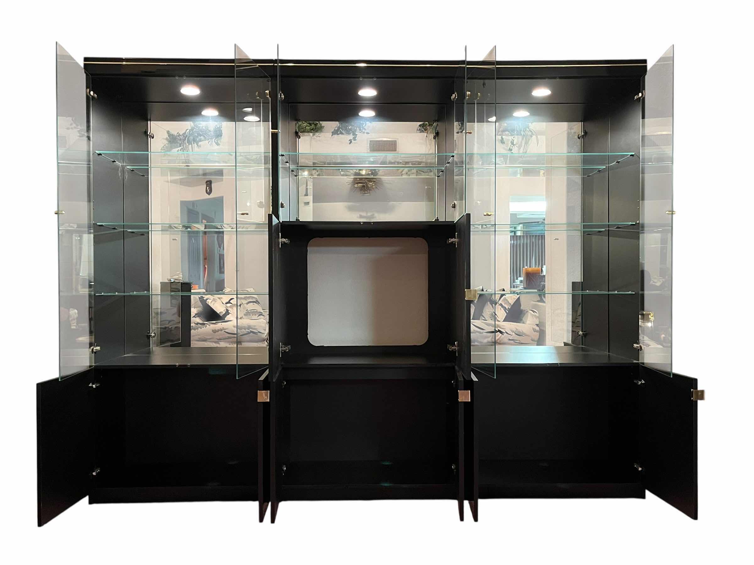 Photo 1 of ITALIAN BLACK LAMINATE BRASS ACCENTED 3PC DISPLAY MEDIA WALL UNIT 97” X 16.5” H77.5”