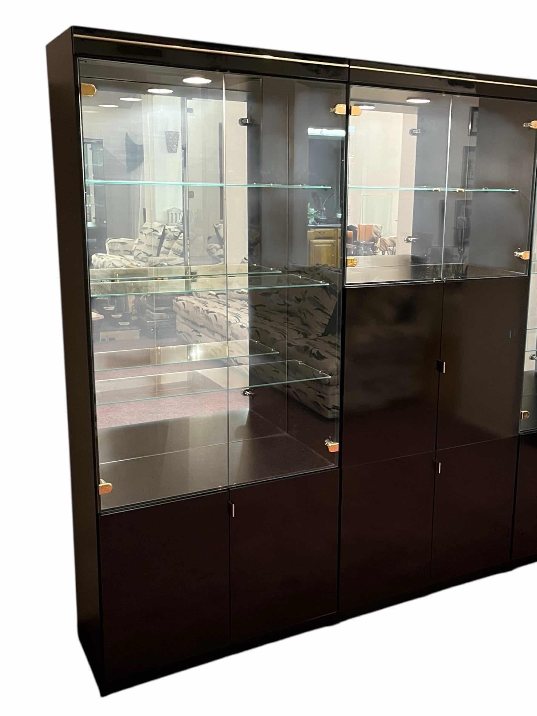 Photo 1 of ITALIAN BLACK LAMINATE BRASS ACCENTED 3PC DISPLAY MEDIA WALL UNIT 97” X 16.5” H77.5”