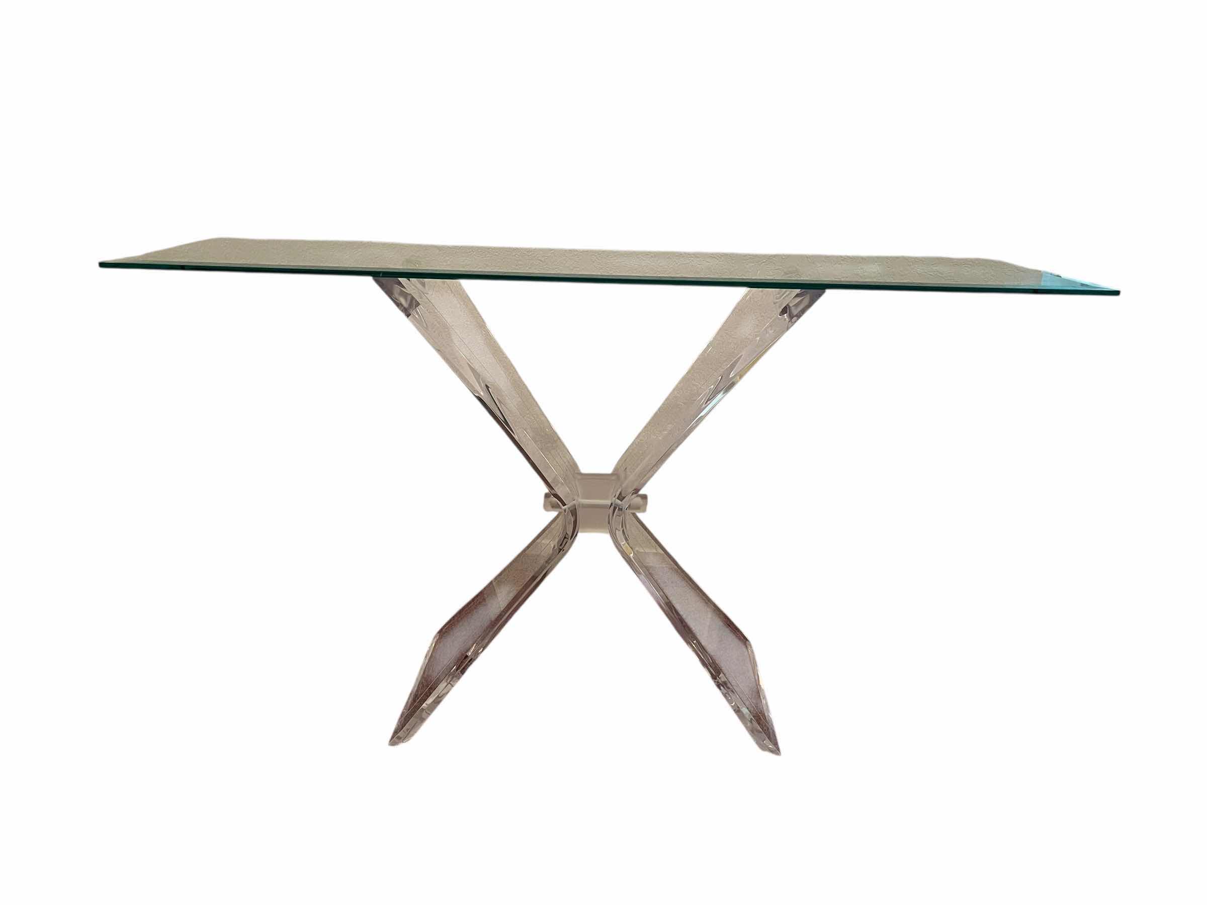 Photo 1 of LUCITE BUTTERFLY CLEAR ACRYLIC BASE GLASS TOP CONSOLE TABLE 52” X 16” H29”
