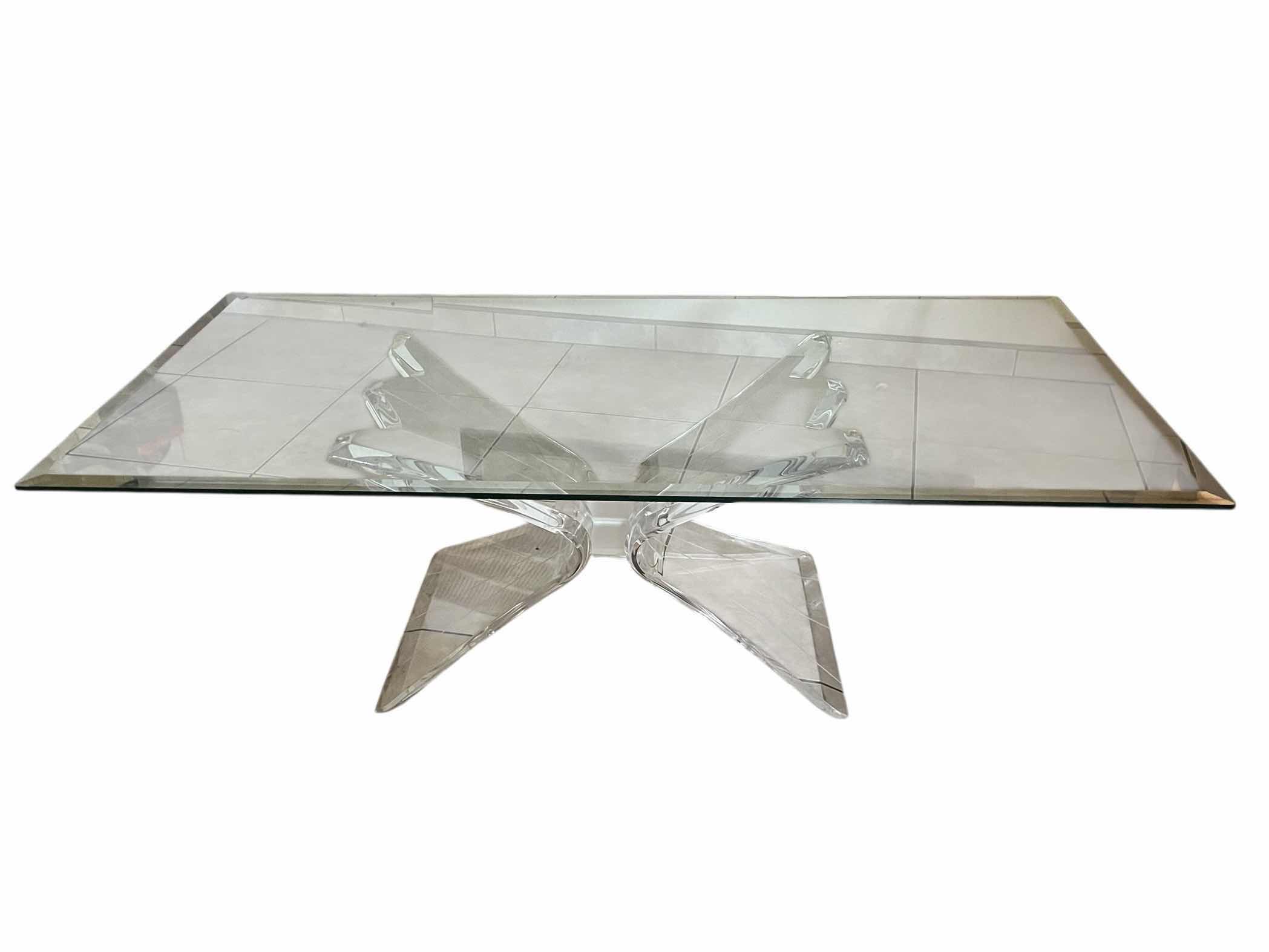 Photo 1 of LUCITE BUTTERFLY CLEAR ACRYLIC BASE GLASS TOP COFFEE TABLE 52” X 26” H16”