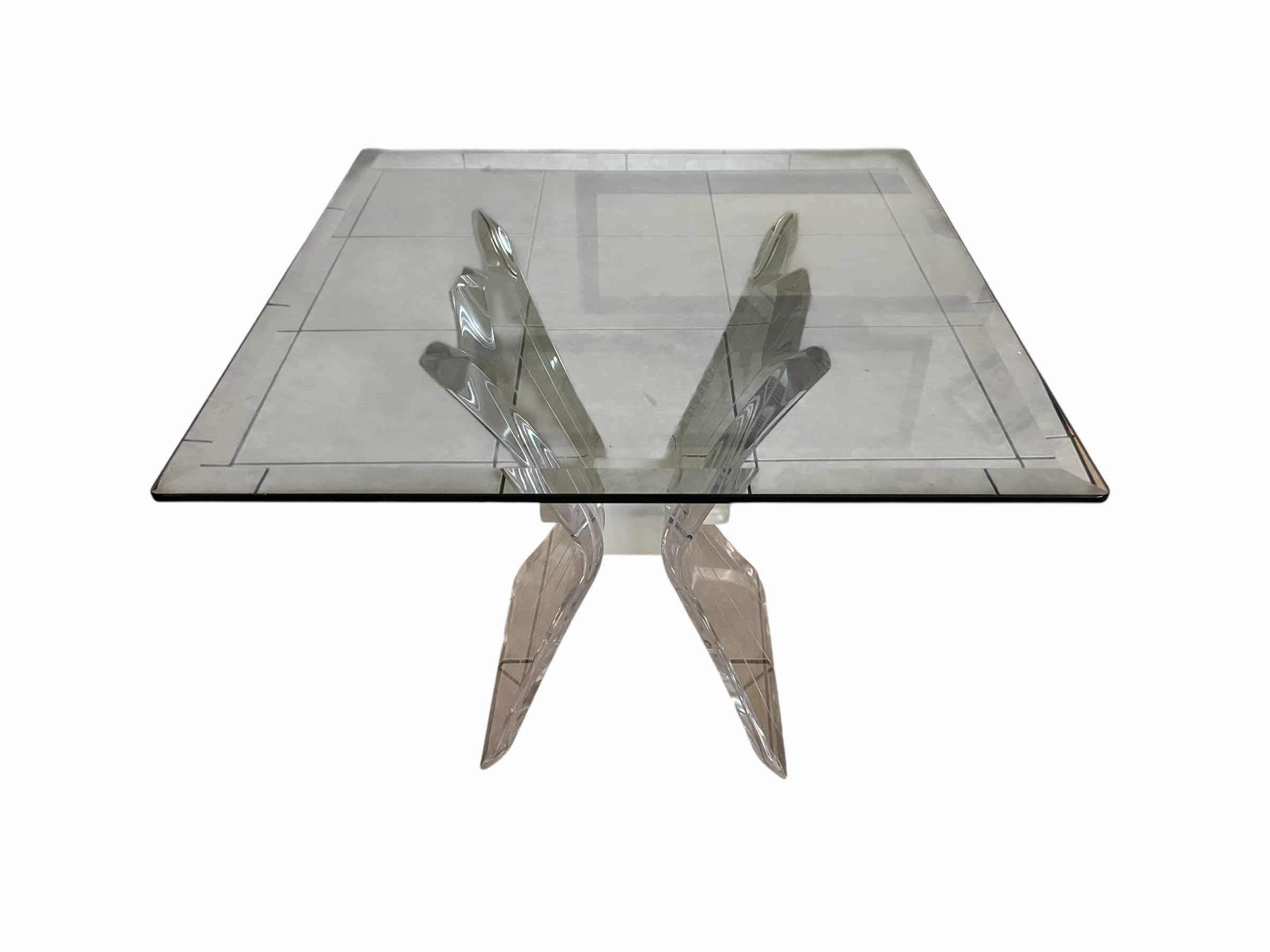 Photo 1 of LUCITE BUTTERFLY CLEAR ACRYLIC BASE GLASS TOP ACCENT TABLE 24” X 24” H21”
