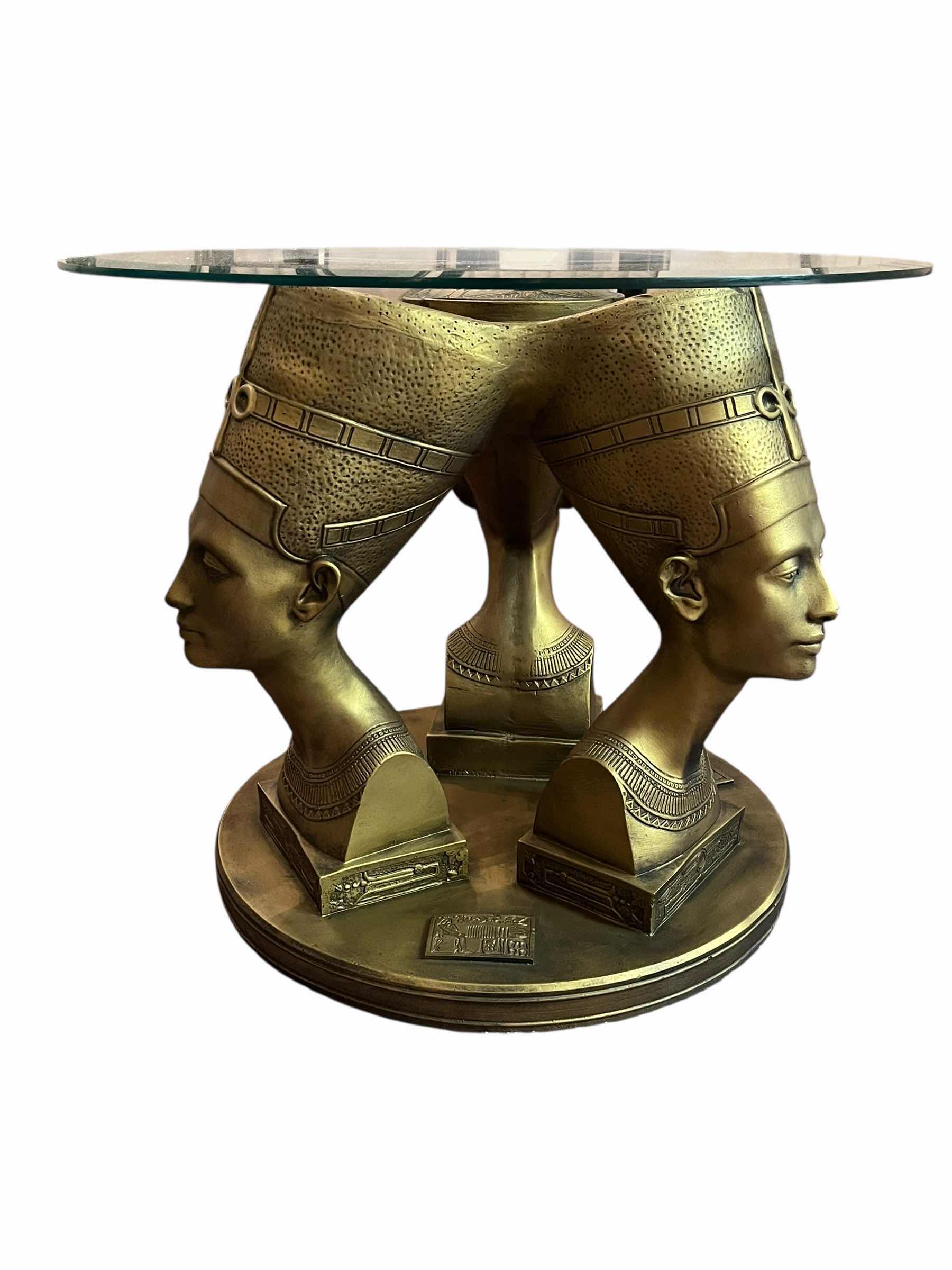 Photo 1 of EGYPTIAN QUEEN NEFERTITI TRIPLE BUST RESIN BASE ROUND GLASS TOP ACCENT TABLE 24” X 20”