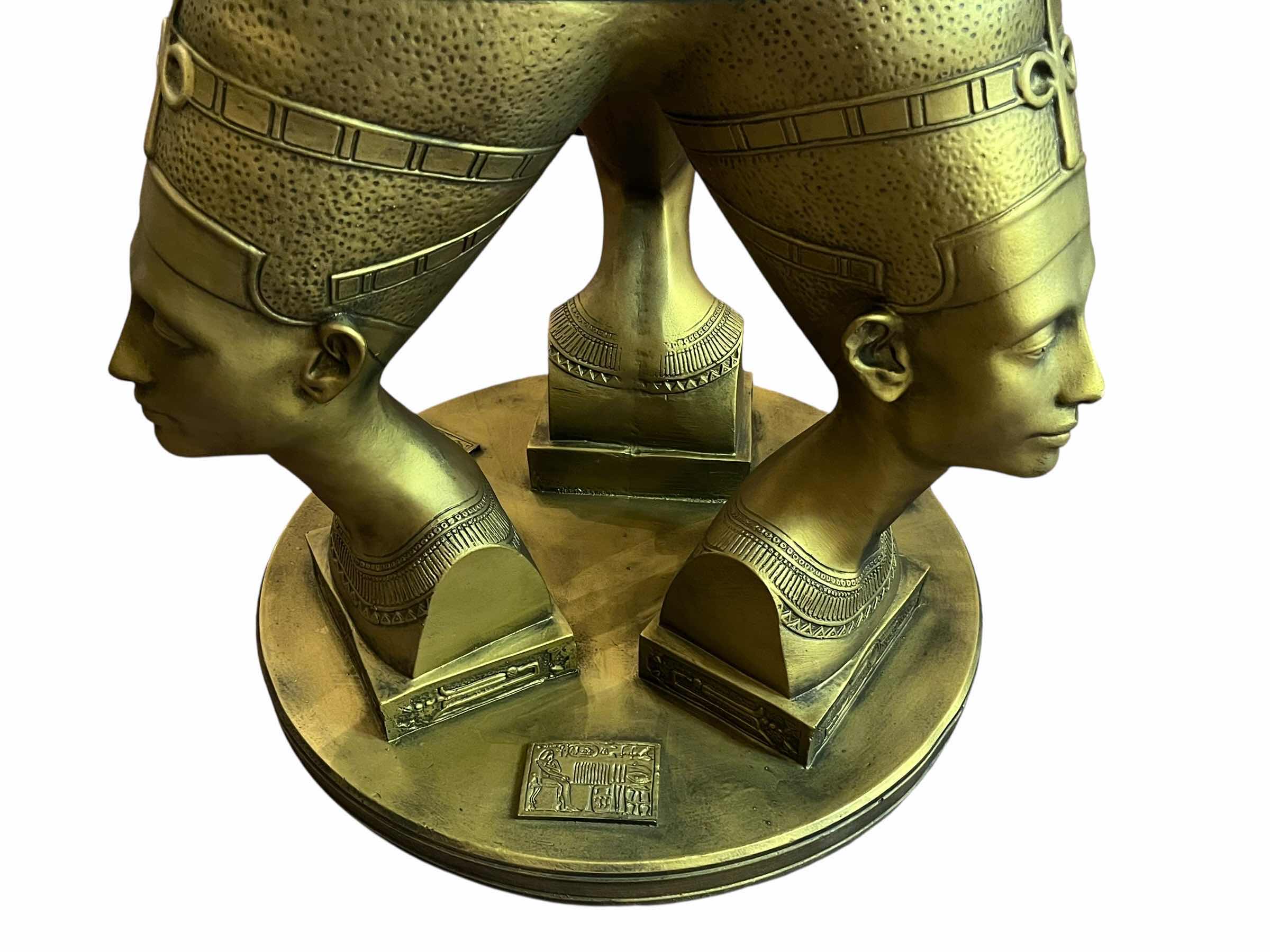 Photo 1 of EGYPTIAN QUEEN NEFERTITI TRIPLE BUST RESIN BASE ROUND GLASS TOP ACCENT TABLE 24” X 20”