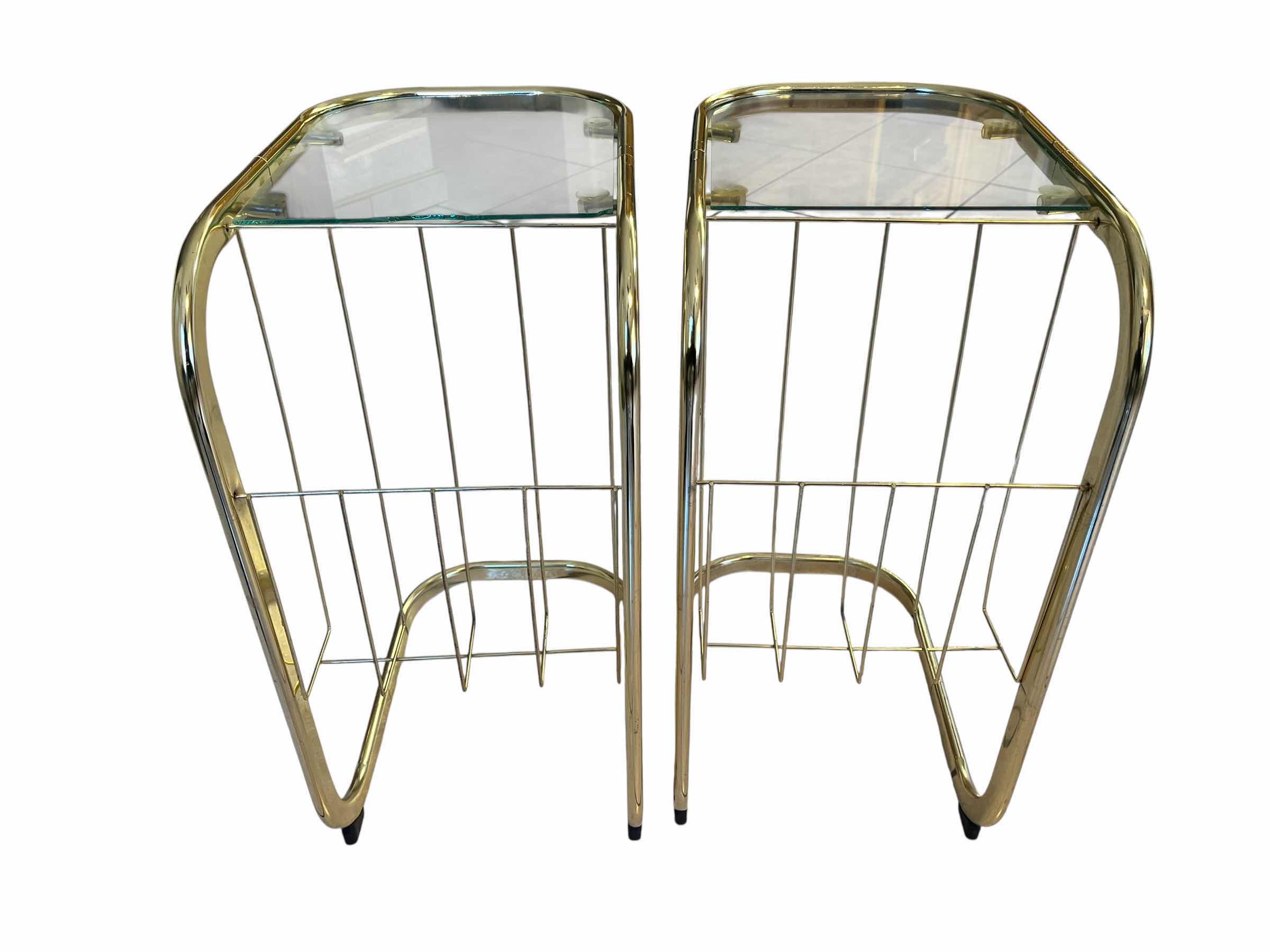 Photo 1 of GOLD FINISH GLASS TOP SIDE TABLES W MAGAZINE RACK (2) 10” X 14” H20.5”