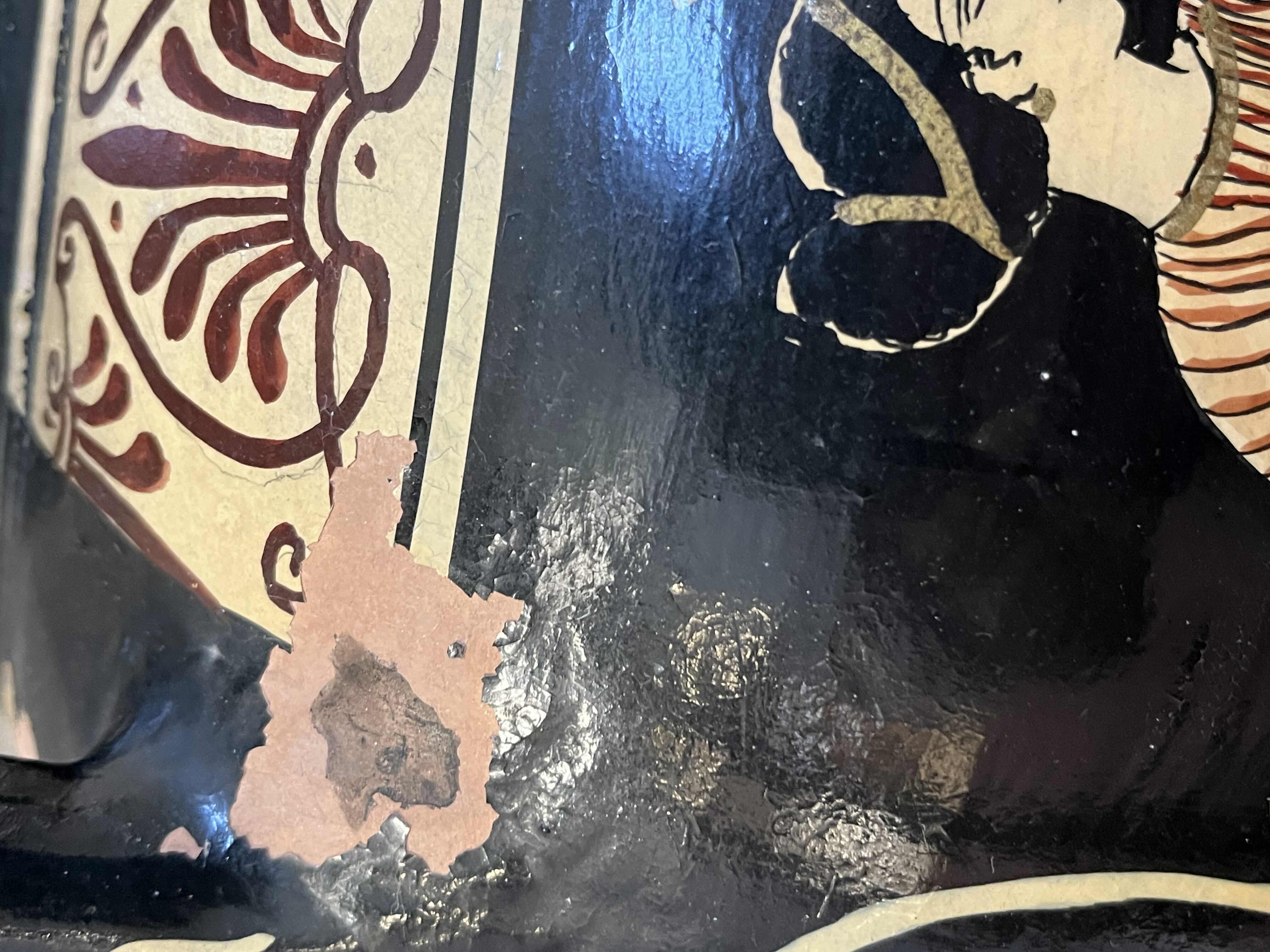 Photo 1 of GREEK HAND PAINTED CERAMIC TERRACOTTA AMPHORA VASE W BAMBOO DECOR, (READ NOTES)