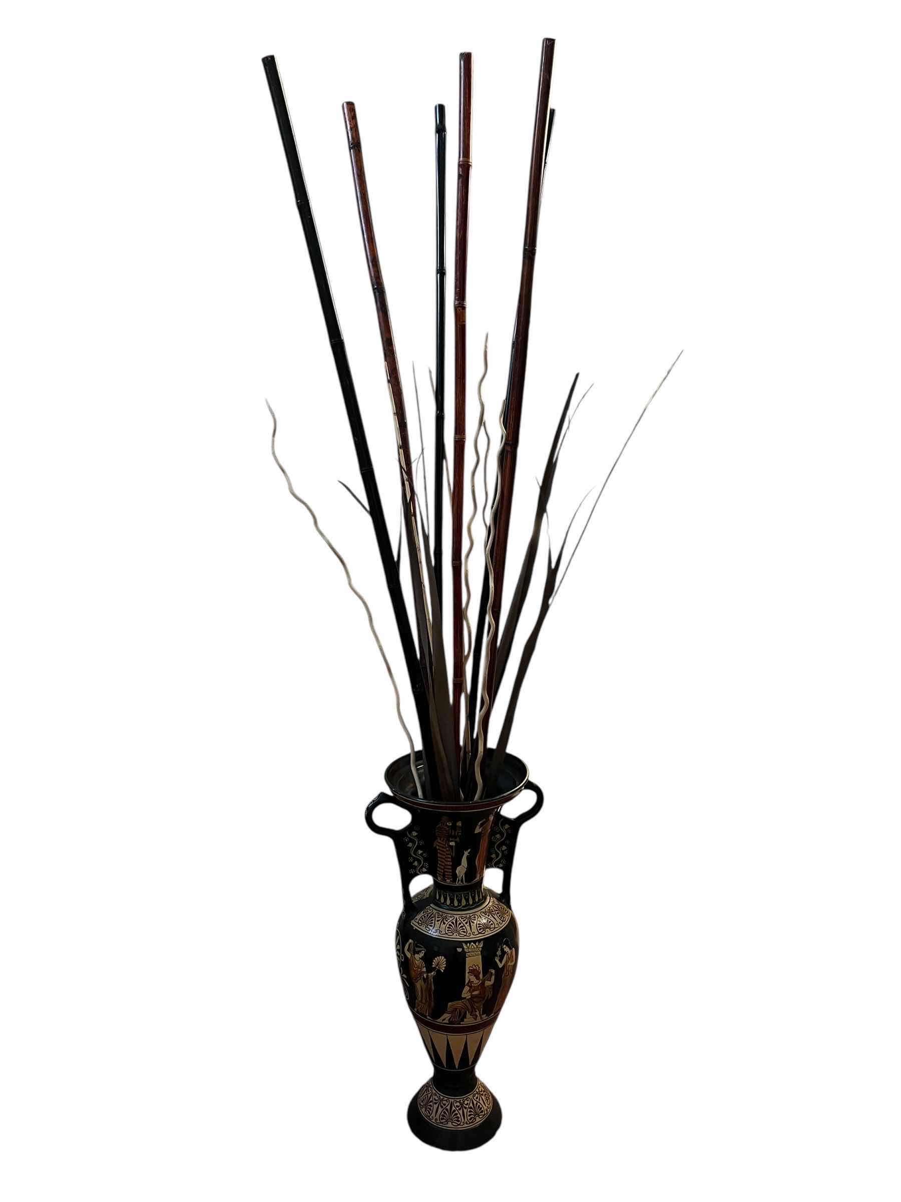 Photo 1 of GREEK HAND PAINTED CERAMIC TERRACOTTA AMPHORA VASE W BAMBOO DECOR, (READ NOTES)