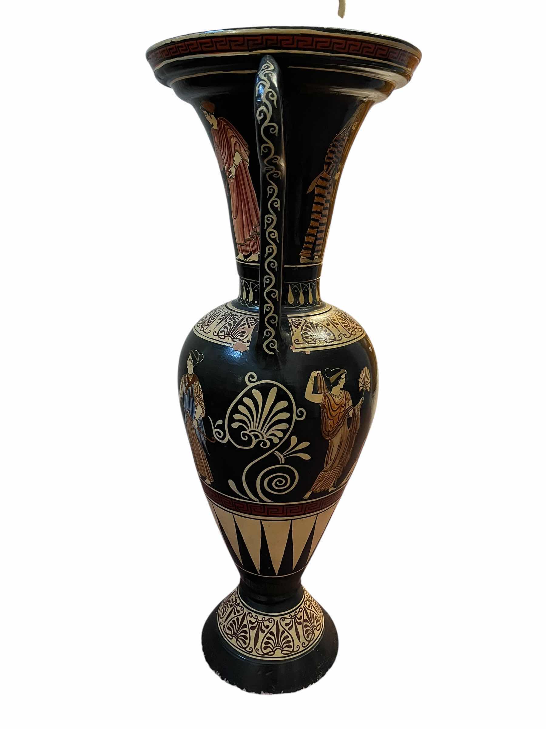 Photo 1 of GREEK HAND PAINTED CERAMIC TERRACOTTA AMPHORA VASE W BAMBOO DECOR, (READ NOTES)
