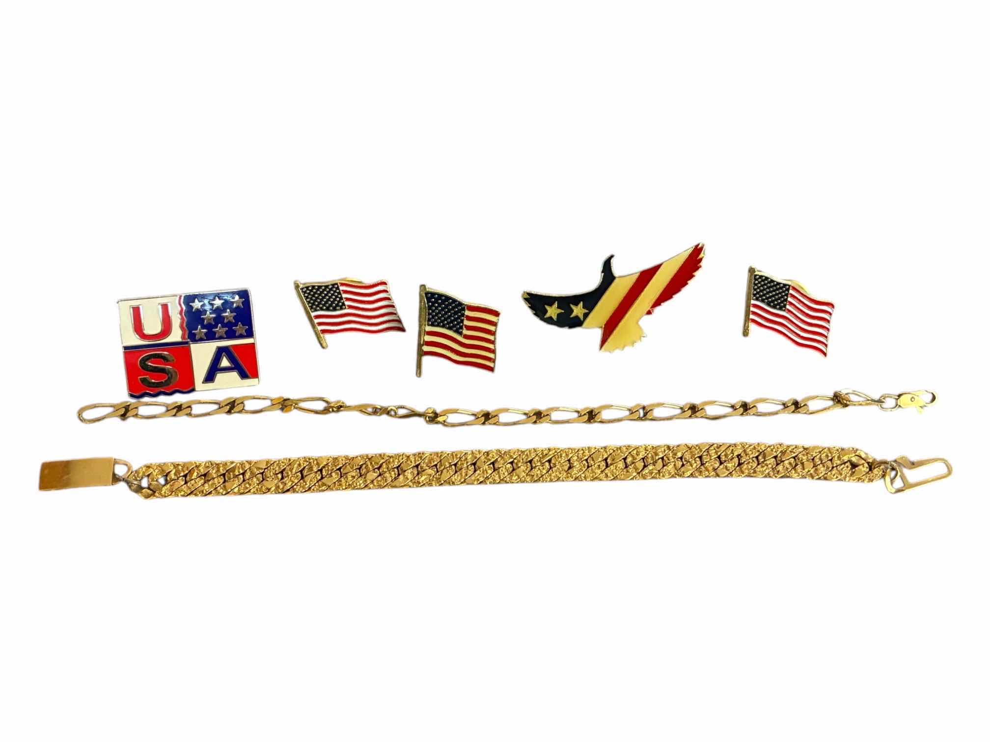 Photo 1 of AMERICAN LAPEL PINS (5) & GOLD TONE NICKEL BRACELETS (2)