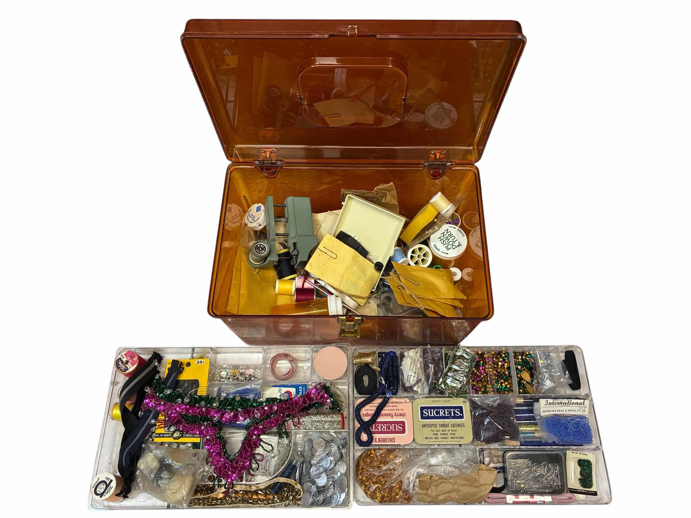 Photo 1 of AMBER TRANSPARENT SEWING ORGANIZING BOX W SEWING MATERIALS