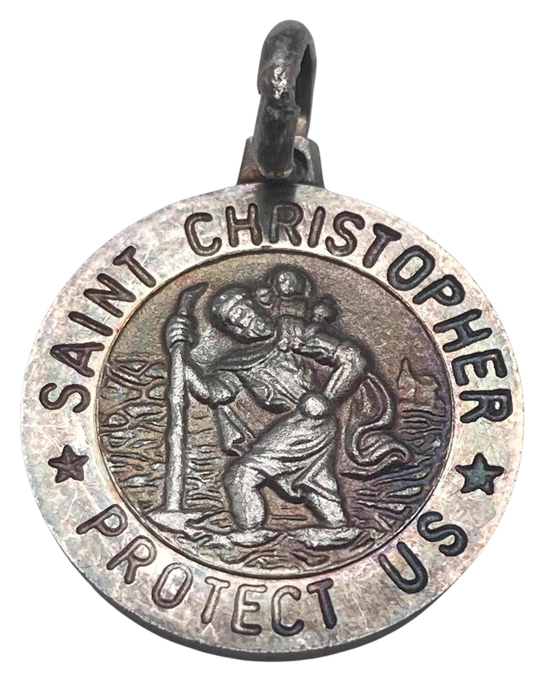 Photo 1 of “SAINT CHRISTOPHER PROTECT US” STERLING SILVER NECKLACE PENDANT .55” 2.2G (READ NOTES) $26