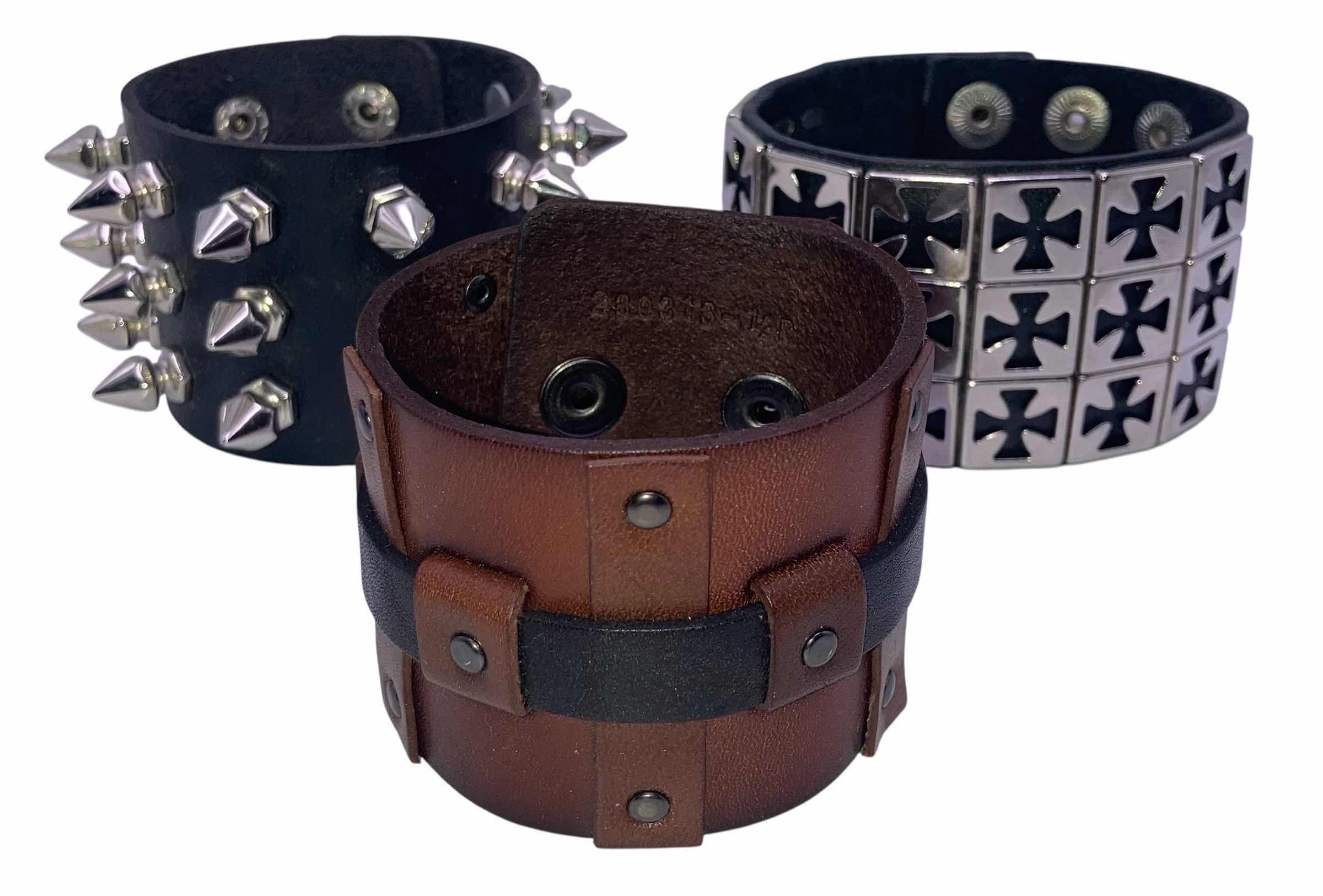 Photo 1 of BLACK & BROWN FAUX LEATHER PUNK ROCK STYLE CUFF BRACELETS (3) $45