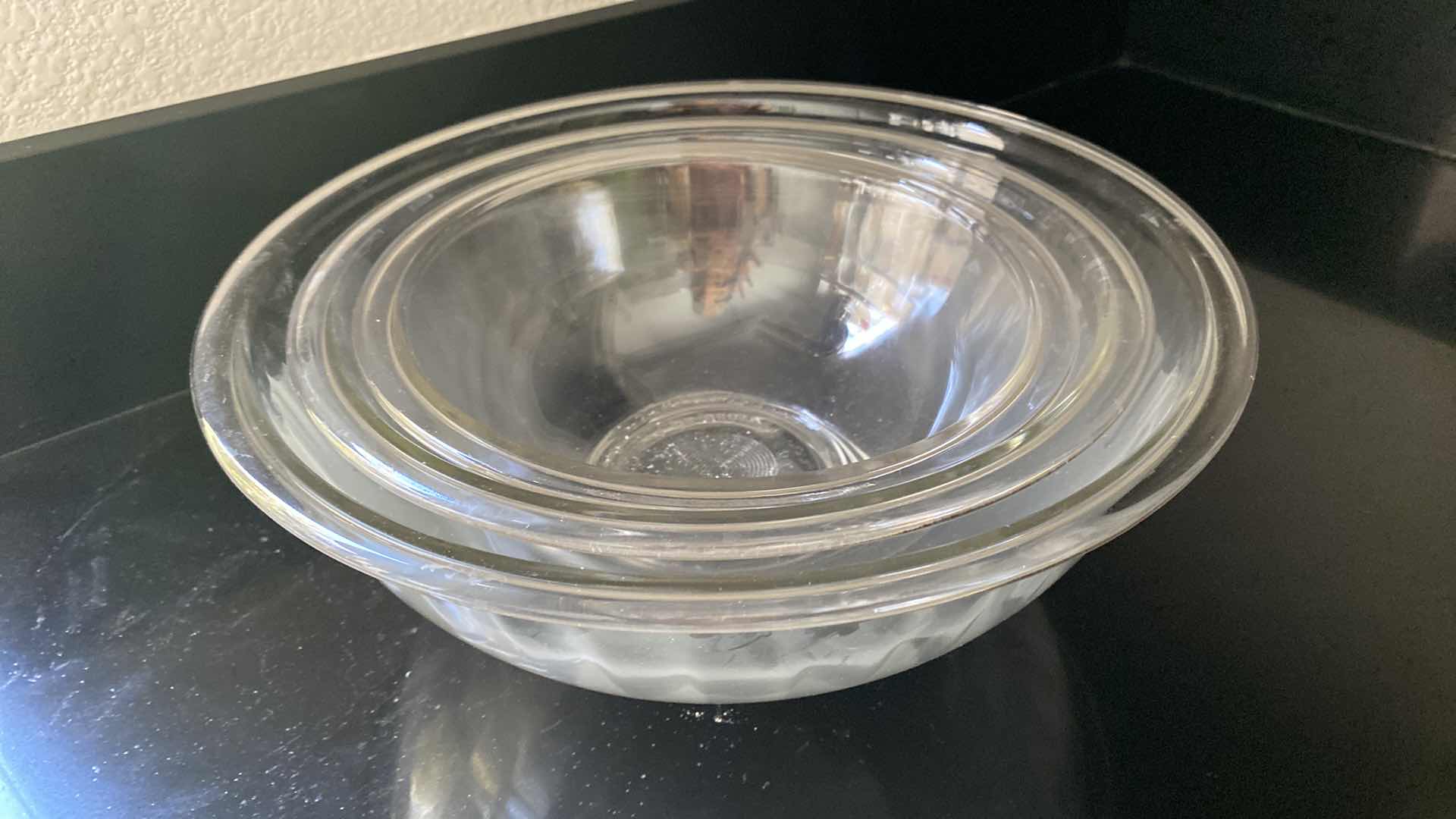 Photo 1 of 3 PYREX GLASS MIXING BOWLS AND METAL CUPS