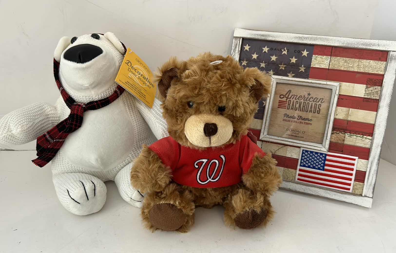 Photo 1 of POLAR BEAR DOOR STOP, BEAR STUFFED ANIMAL AND AMERICAN FLAG PHOTO FRAME