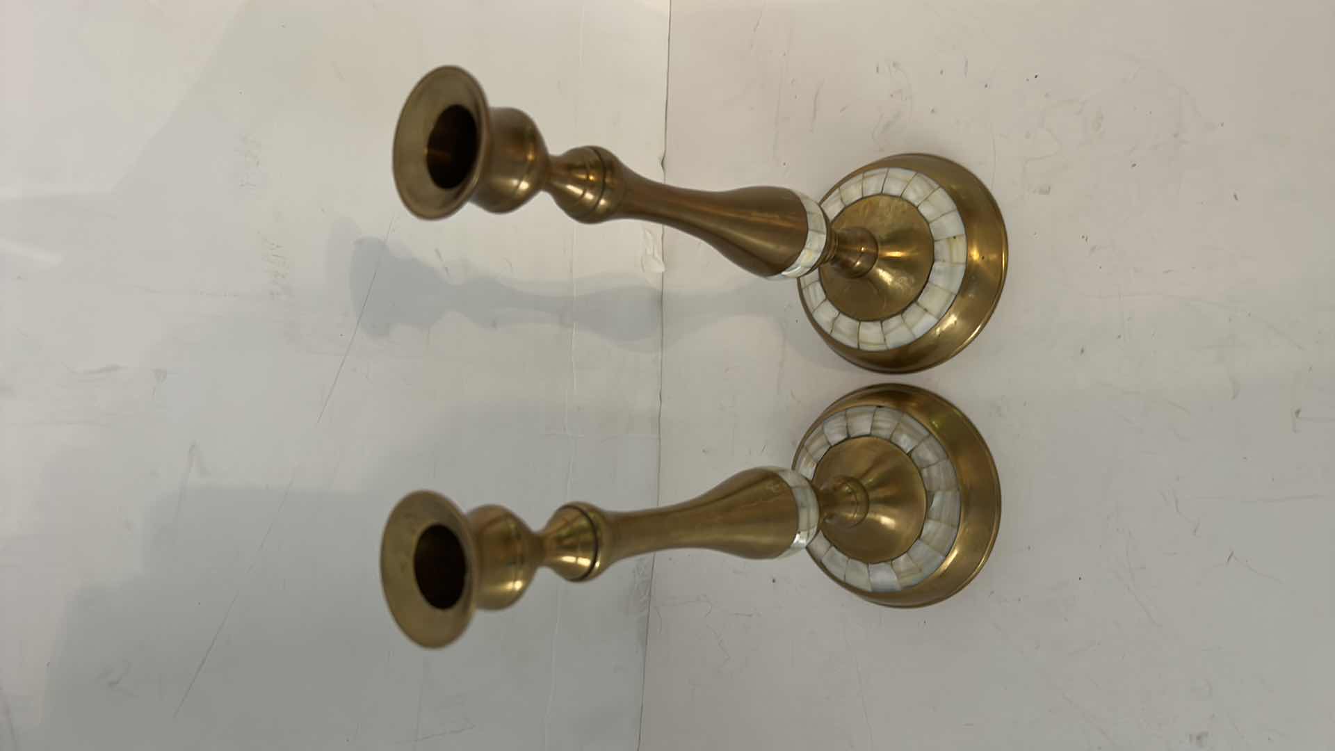 Photo 4 of 2 - VINTAGE BRASS CANDLESTICKS WITH MOTHER OF PEARL INLAY H10”
