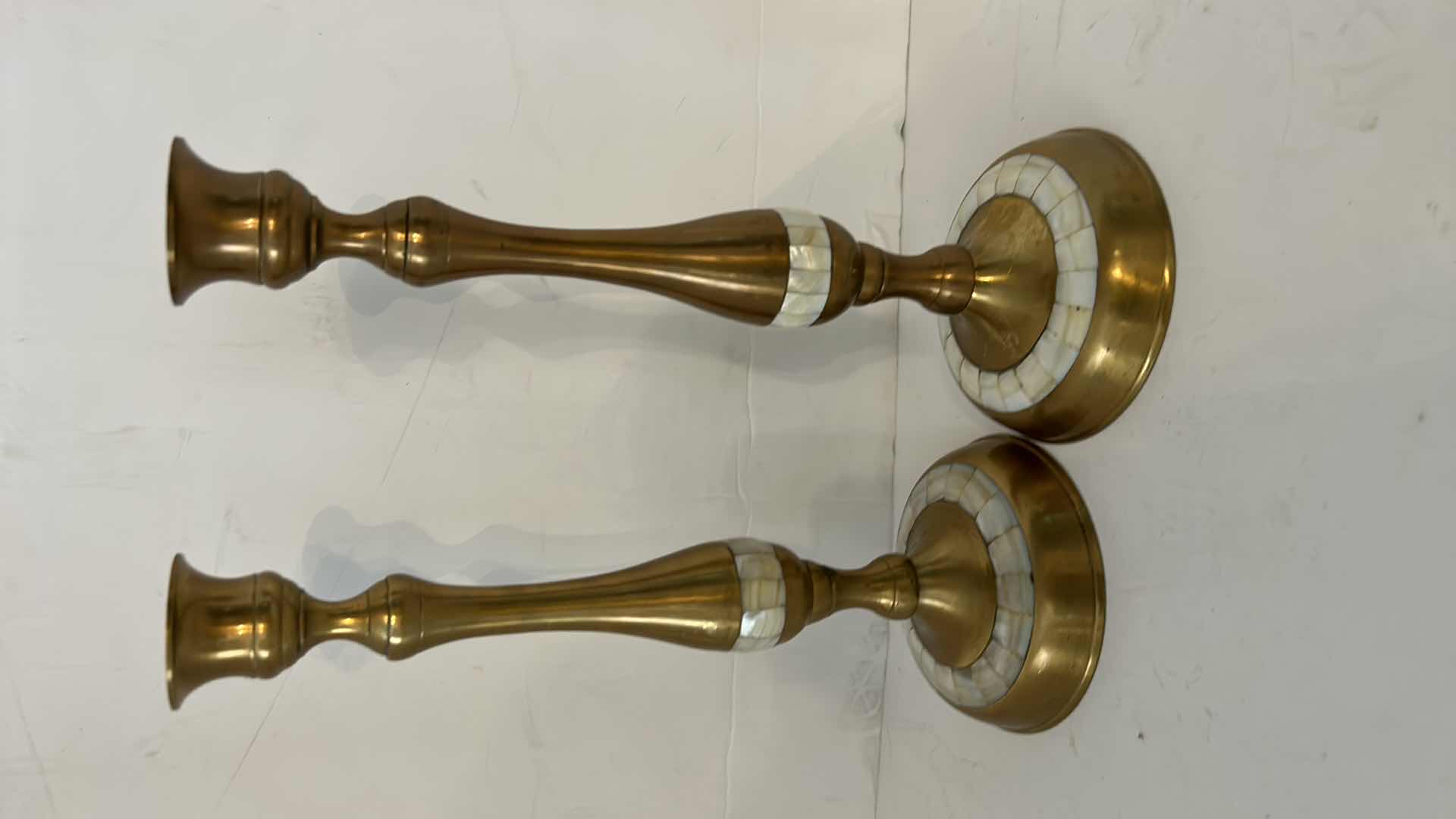 Photo 1 of 2 - VINTAGE BRASS CANDLESTICKS WITH MOTHER OF PEARL INLAY H10”