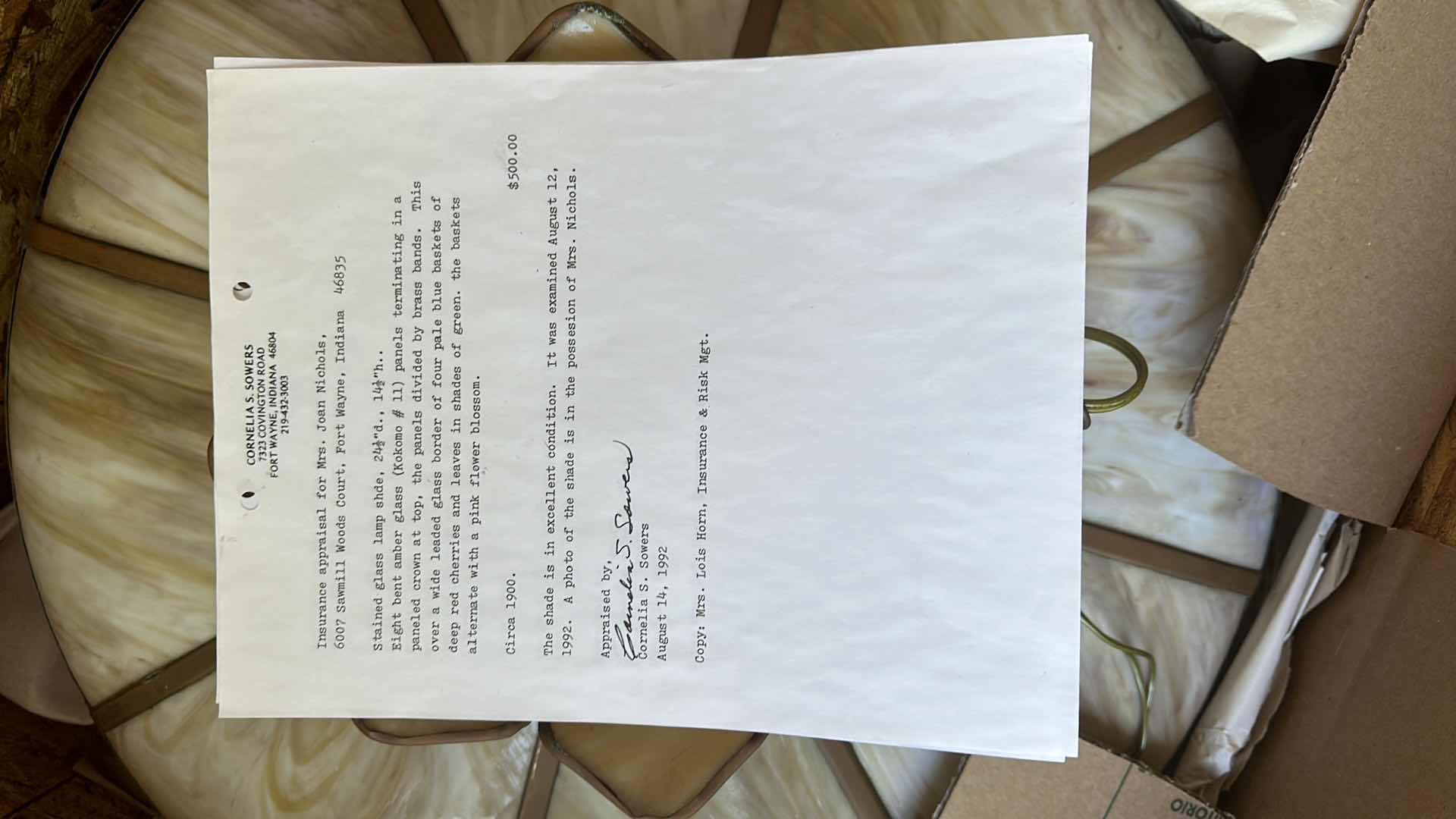 Photo 1 of CIRCA 1900 HANGING TIFFANY STYLE STAINED GLASS LAMP W 8 BENT AMBER GLASS PANELS IN A PANEL CROWN AT TOP, BLUE BASKET W DEEP RED CHERRIES & PINK FLOWER BLOSSOMS (INCLUDES INSURANCE APPRAISAL DONE IN 1992. (24.5” X 14.5”)