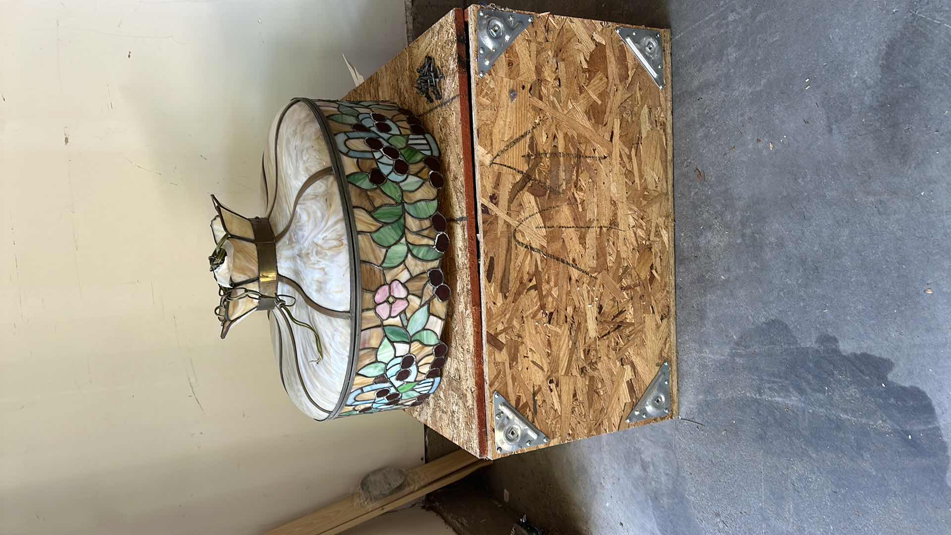 Photo 6 of CIRCA 1900 HANGING TIFFANY STYLE STAINED GLASS LAMP W 8 BENT AMBER GLASS PANELS IN A PANEL CROWN AT TOP, BLUE BASKET W DEEP RED CHERRIES & PINK FLOWER BLOSSOMS (INCLUDES INSURANCE APPRAISAL DONE IN 1992. (24.5” X 14.5”)