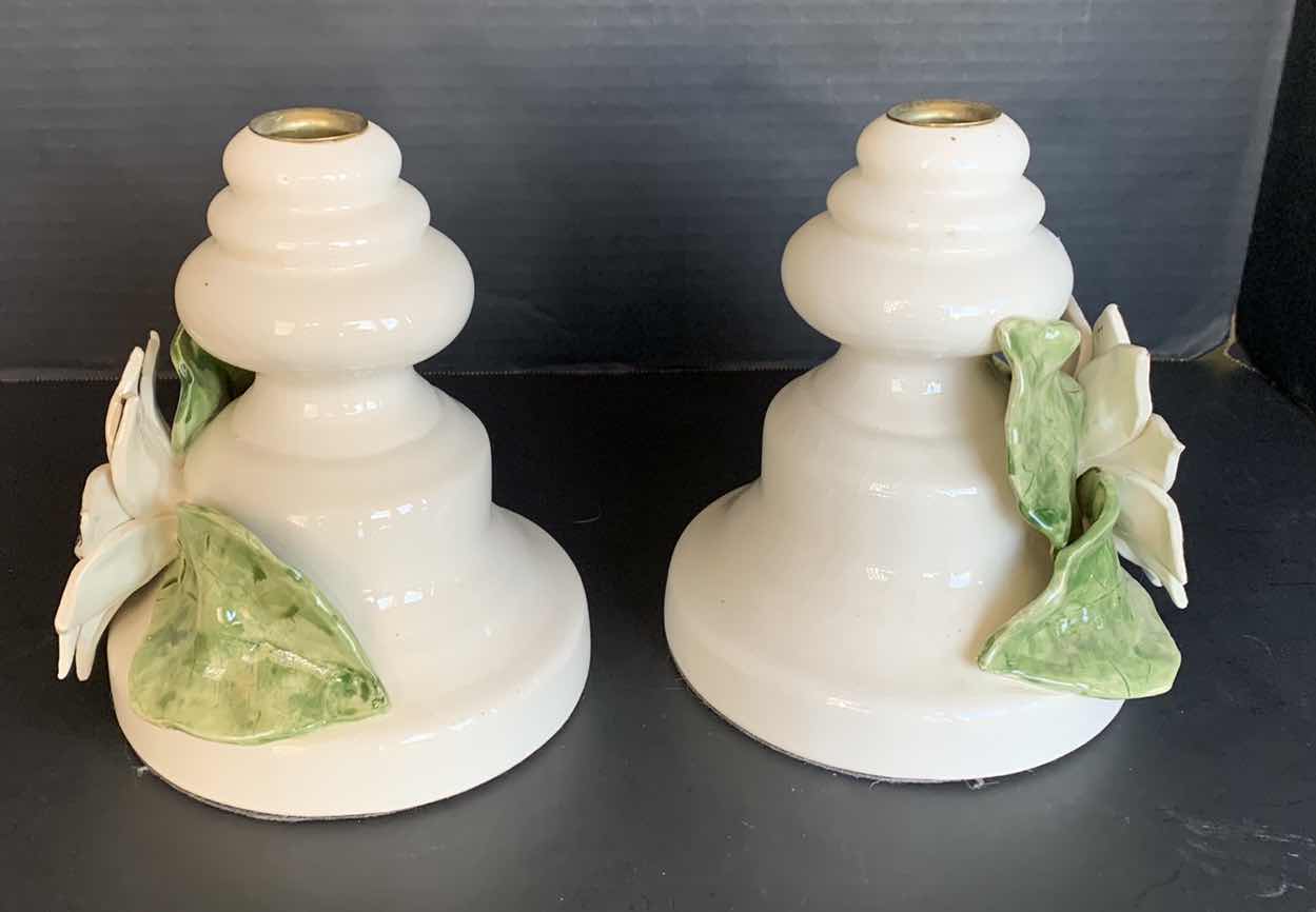 Photo 1 of 2 -WHITE AND GREEN FLOWER PORCELAIN CANDLE HOLDERS 7"