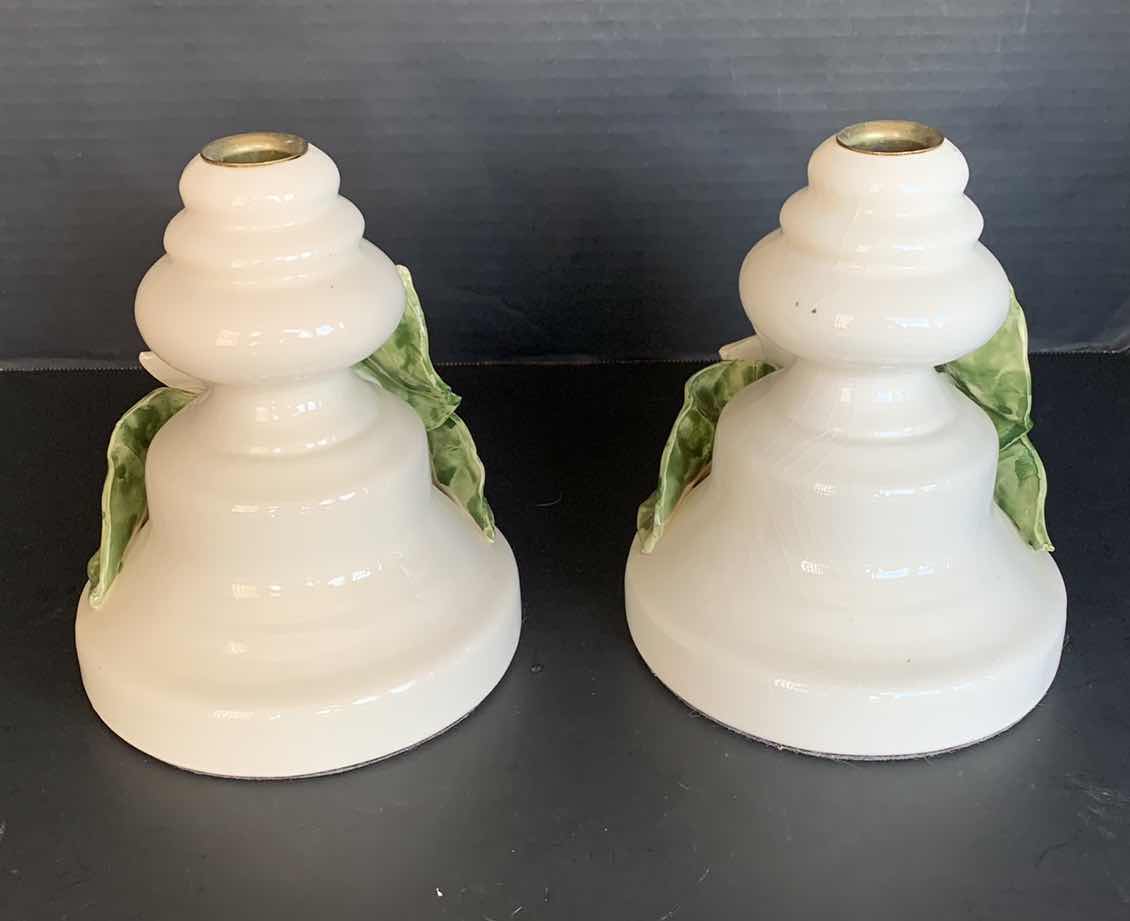 Photo 1 of 2 -WHITE AND GREEN FLOWER PORCELAIN CANDLE HOLDERS 7"