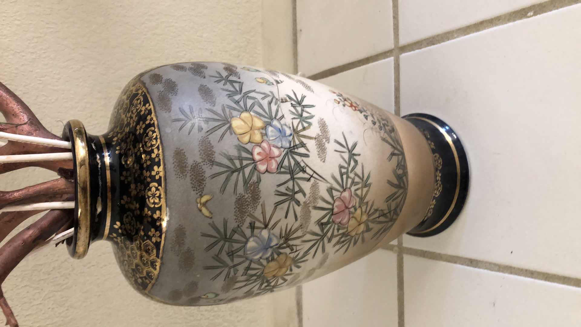 Photo 1 of PORCELAIN FLORAL VASE W PEACOCK FEATHERS & TWIGS