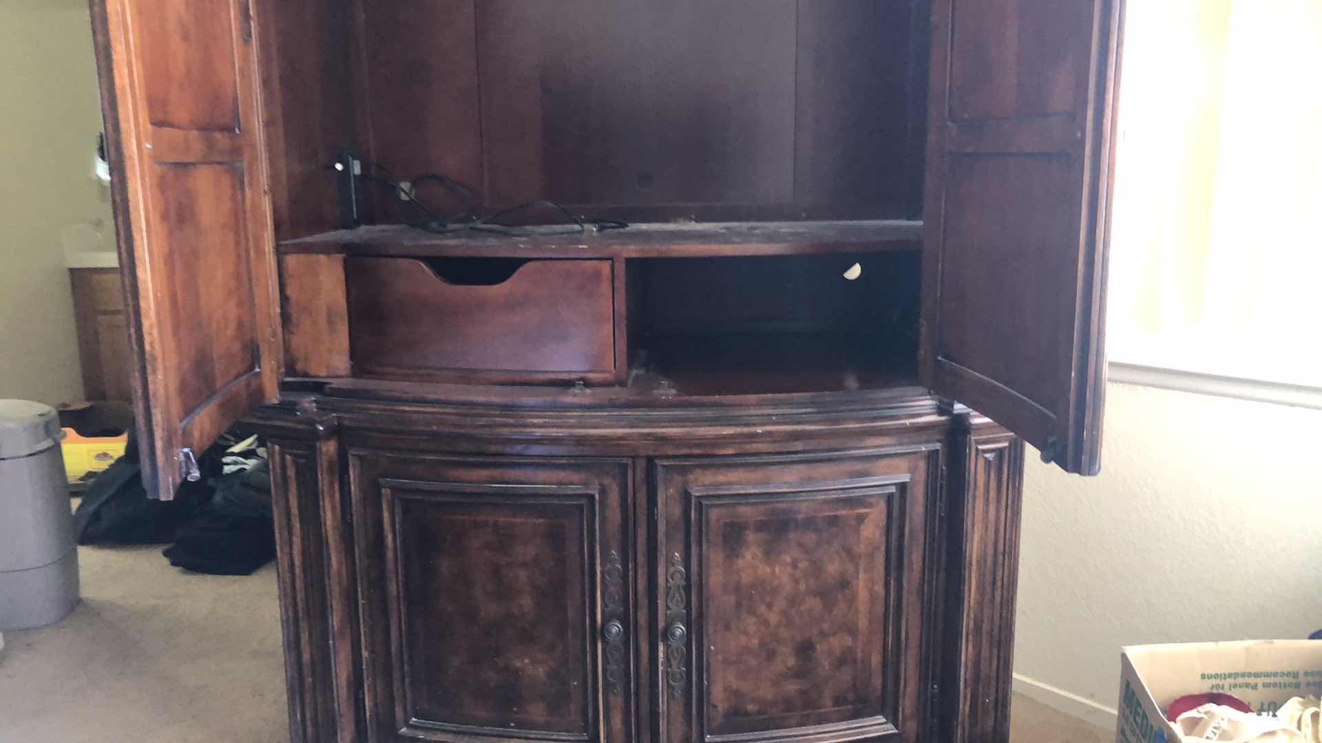 Photo 1 of MAHOGANY WOOD ARMOIRE ENTERTAINMENT CABINET W DRAWERS 62” X 27” H84”