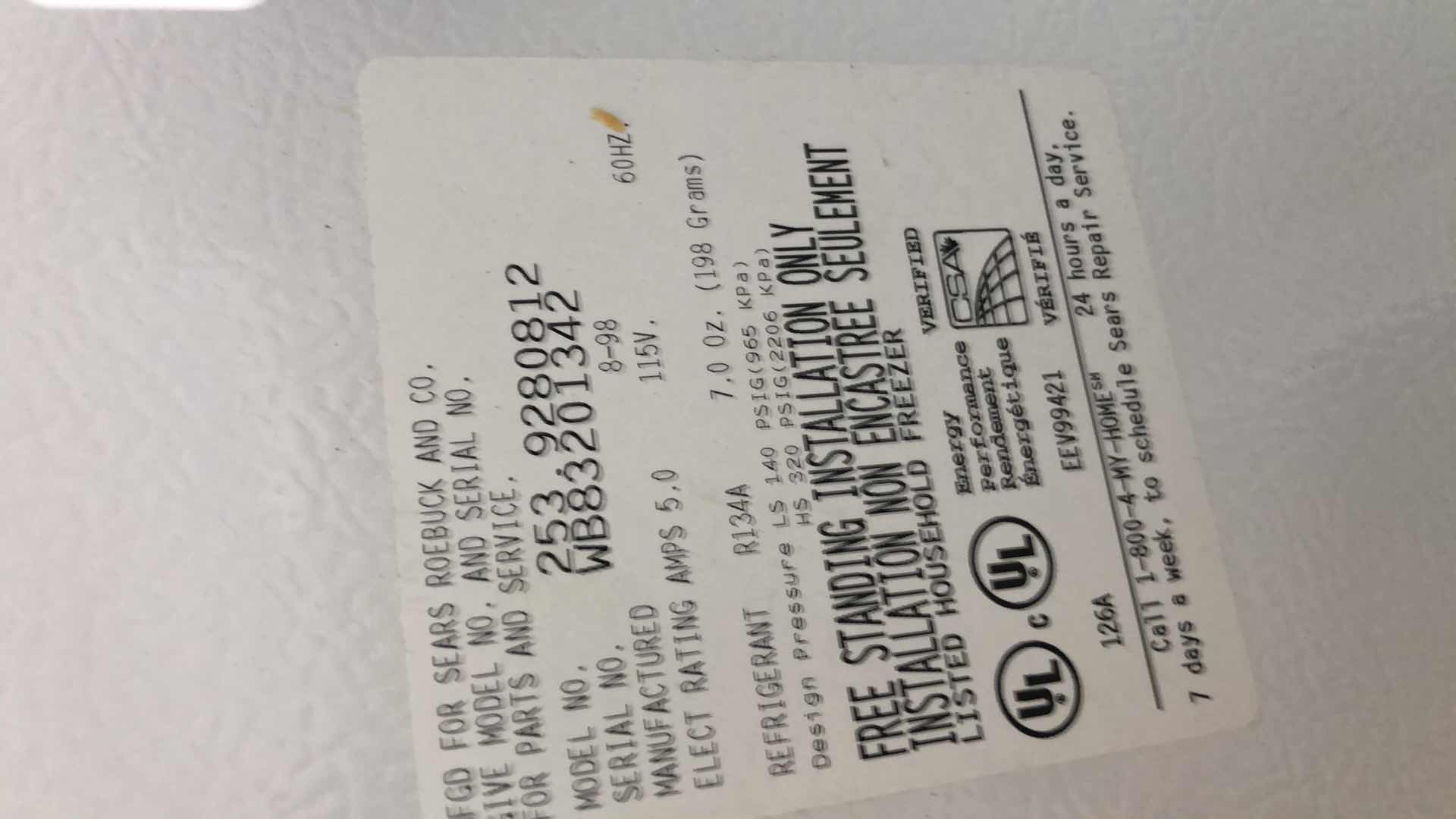 Photo 1 of KENMORE FREEZER MODEL 253.9280812