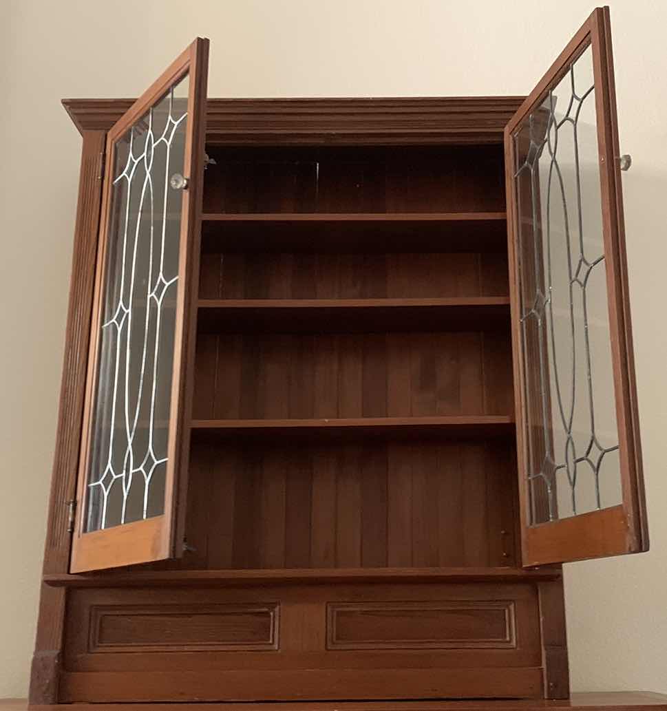 Photo 1 of EARLY 20th CENTURY REDWOOD LEADED GLASS CABINET 46" X 11" H 57"