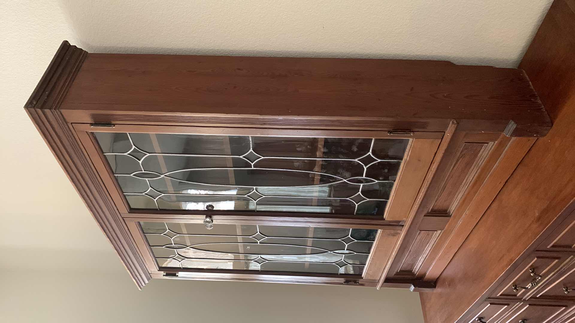 Photo 1 of EARLY 20th CENTURY REDWOOD LEADED GLASS CABINET 46" X 11" H 57"