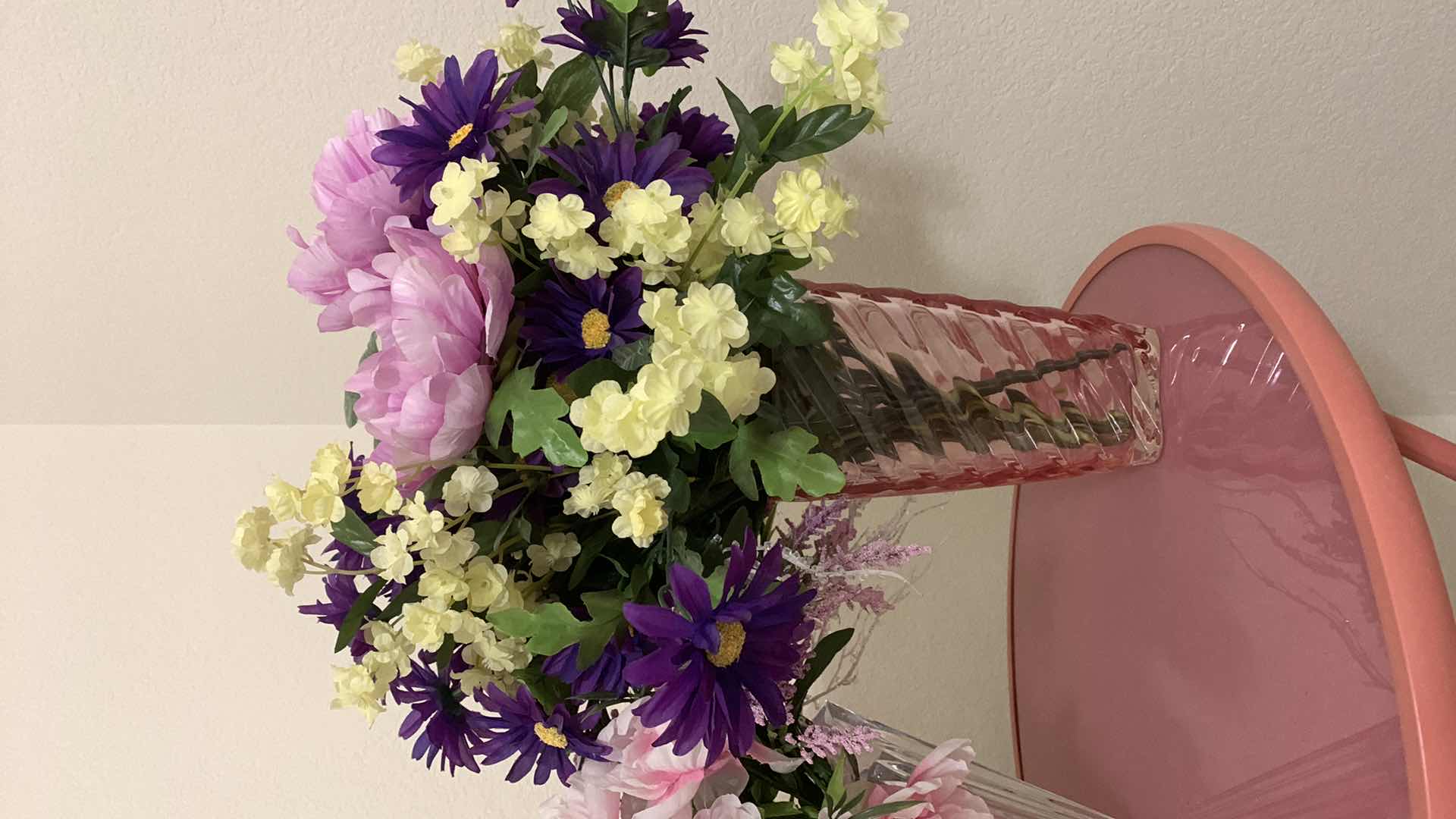 Photo 1 of DUSTY ROSE FOLDING TABLE W/ FAUX FLORAL ARRANGEMENT IN GLASS VASES