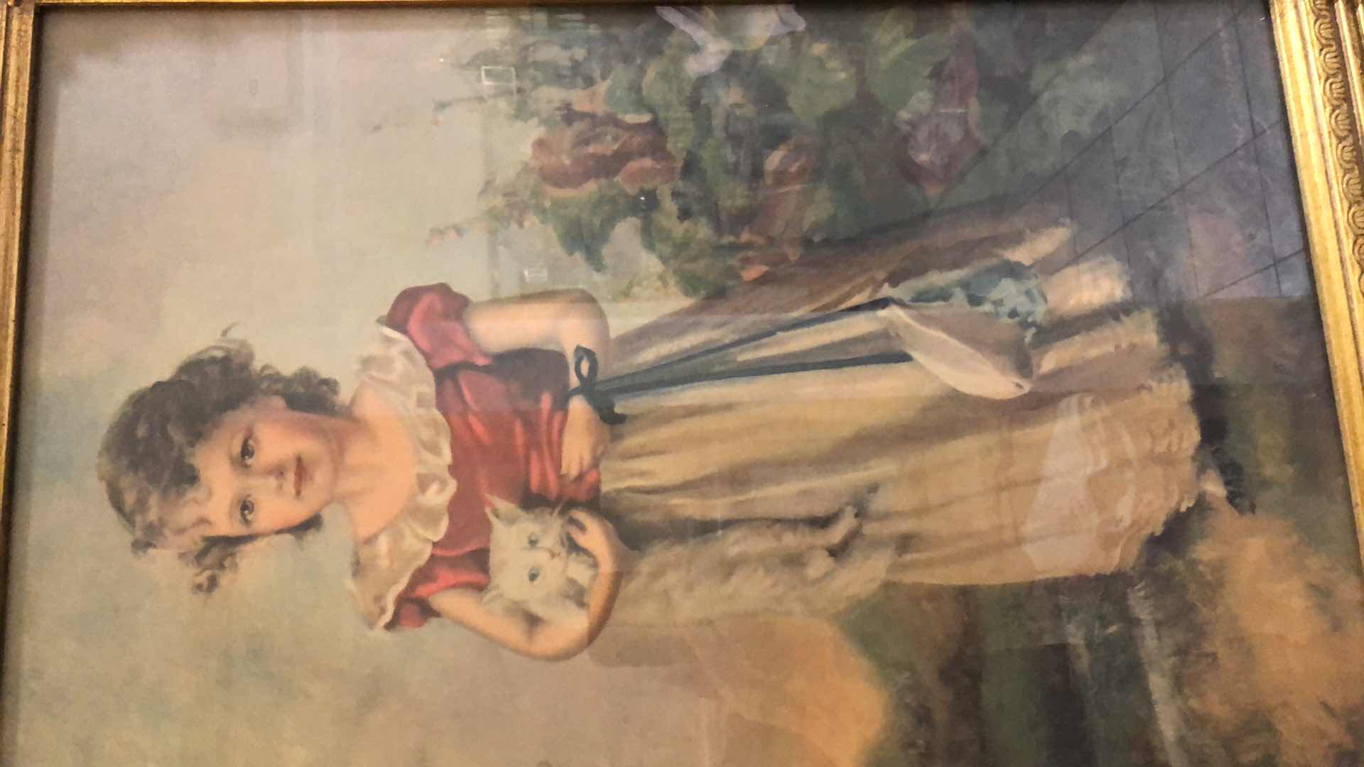 Photo 1 of VINTAGE PRINT “GIRL HOLDING HER CAT” 21” X 25”