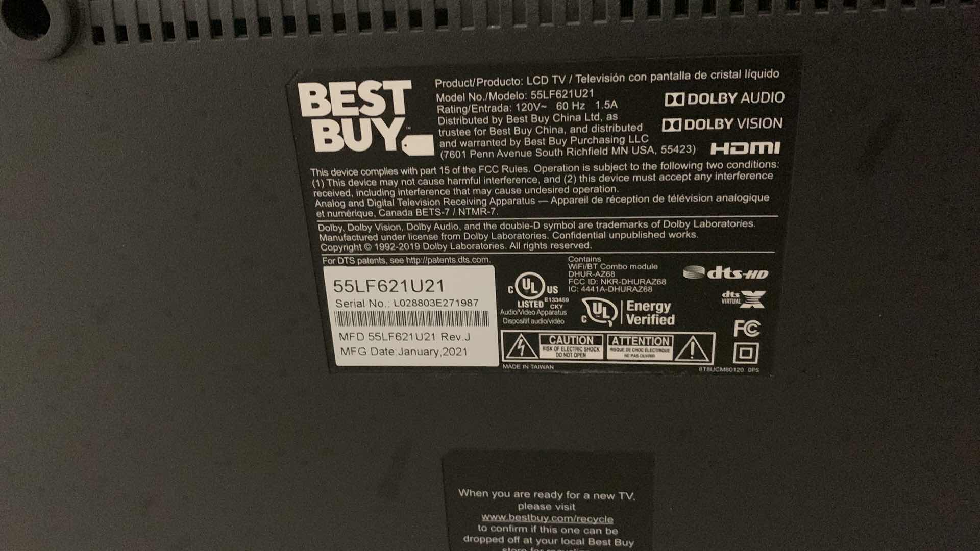 Photo 1 of TOSHIBA FLAT SCREEN 55”  MODEL 55LF621U21 MANUFACTURED IN 2221 W/ REMOTE