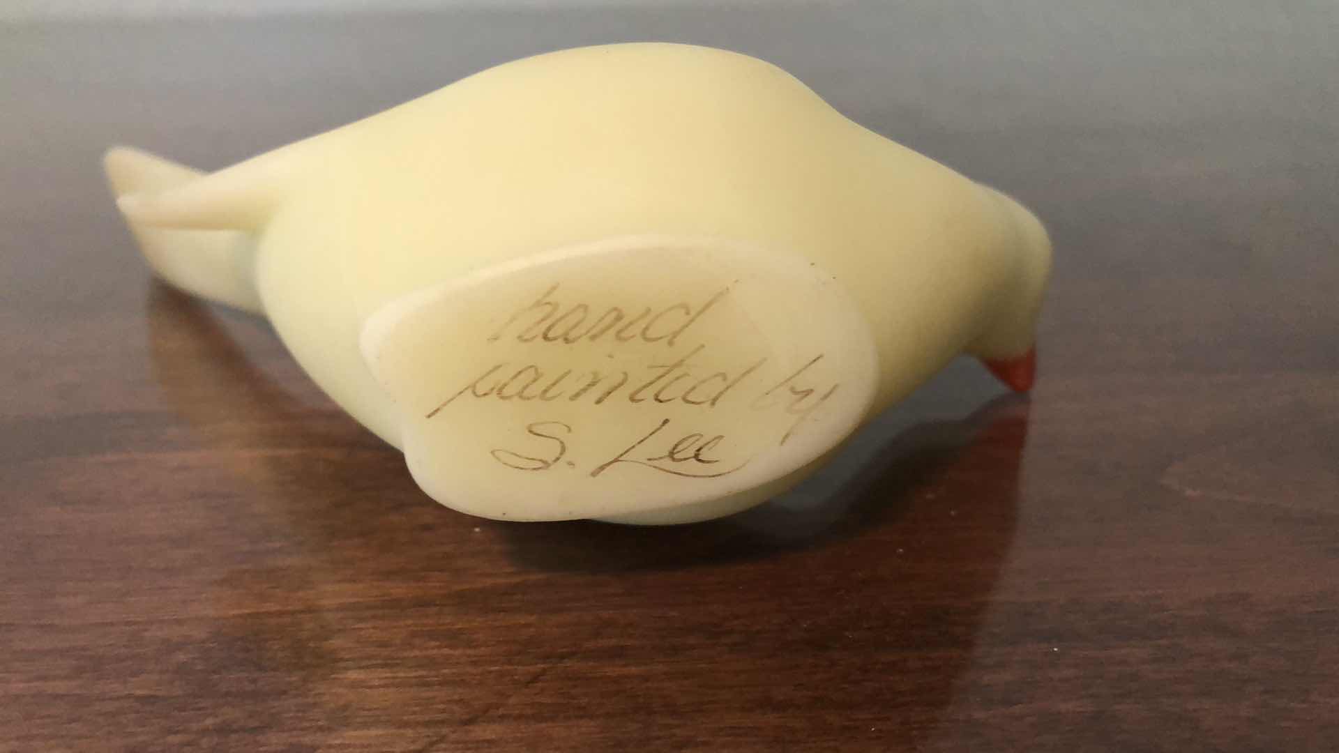 Photo 1 of FENTON HAND PAINTED CUSTOM URANIUM VASELINE GLASS HAND PAINTED BIRD OF HAPPINESS 7” LONG