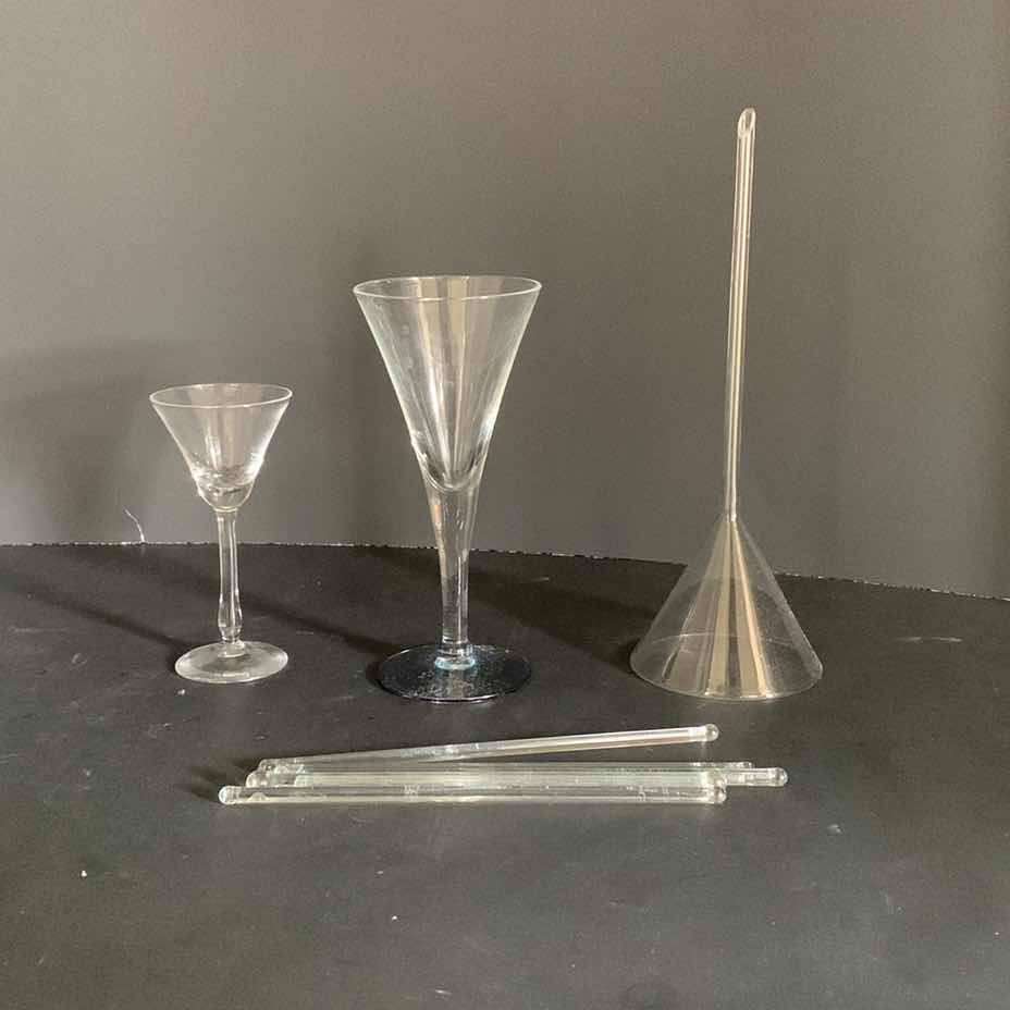 Photo 1 of GLASS WINE FUNNEL, 5 GLASS STIR STICKS, 1 CORDIAL GLASS AND 1 COCKTAIL GLASS