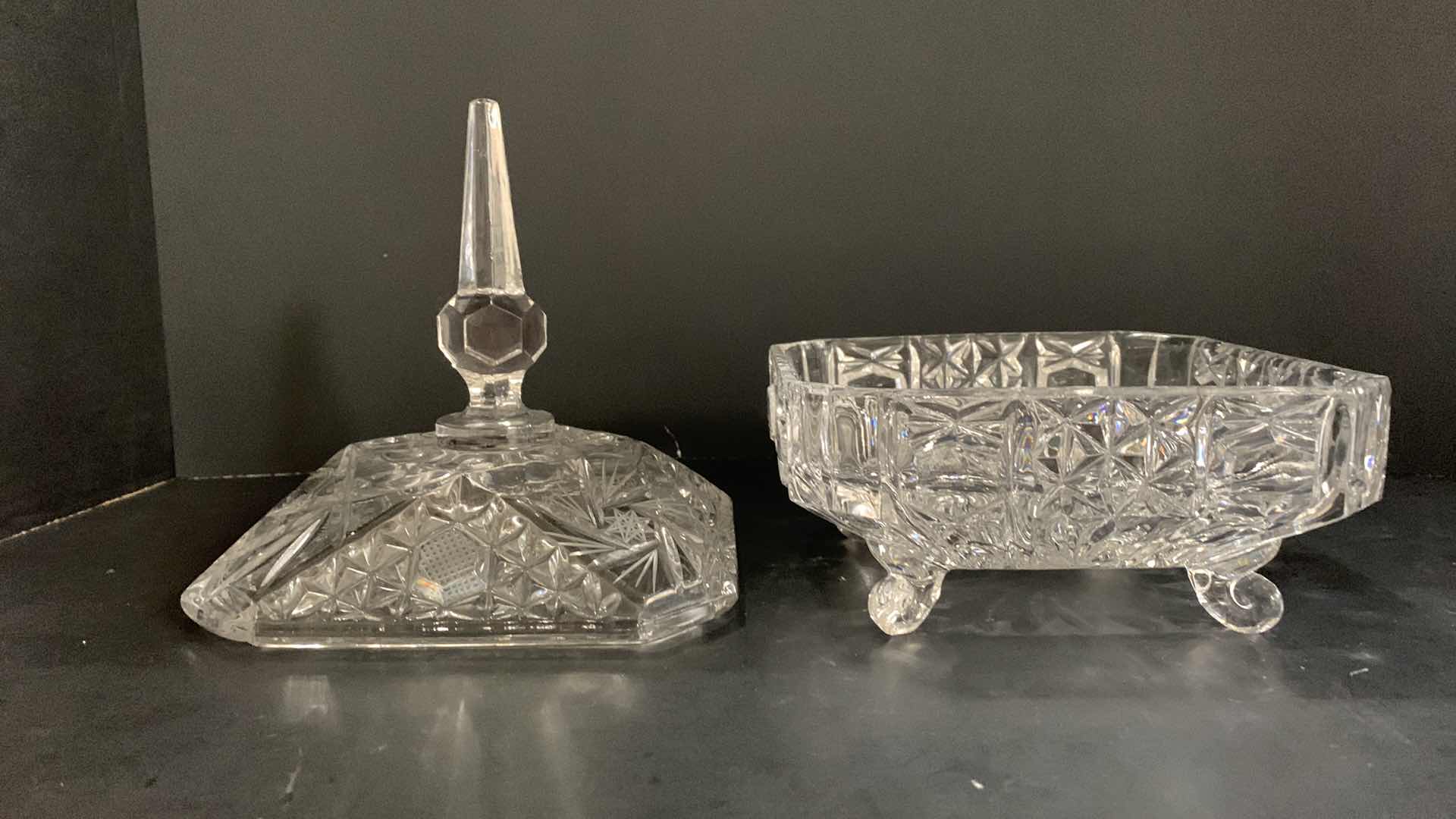 Photo 1 of 6” SQUARE CRYSTAL COVERED CANDY DISH STRAWBERRY AND STAR FLOWER PATTERN