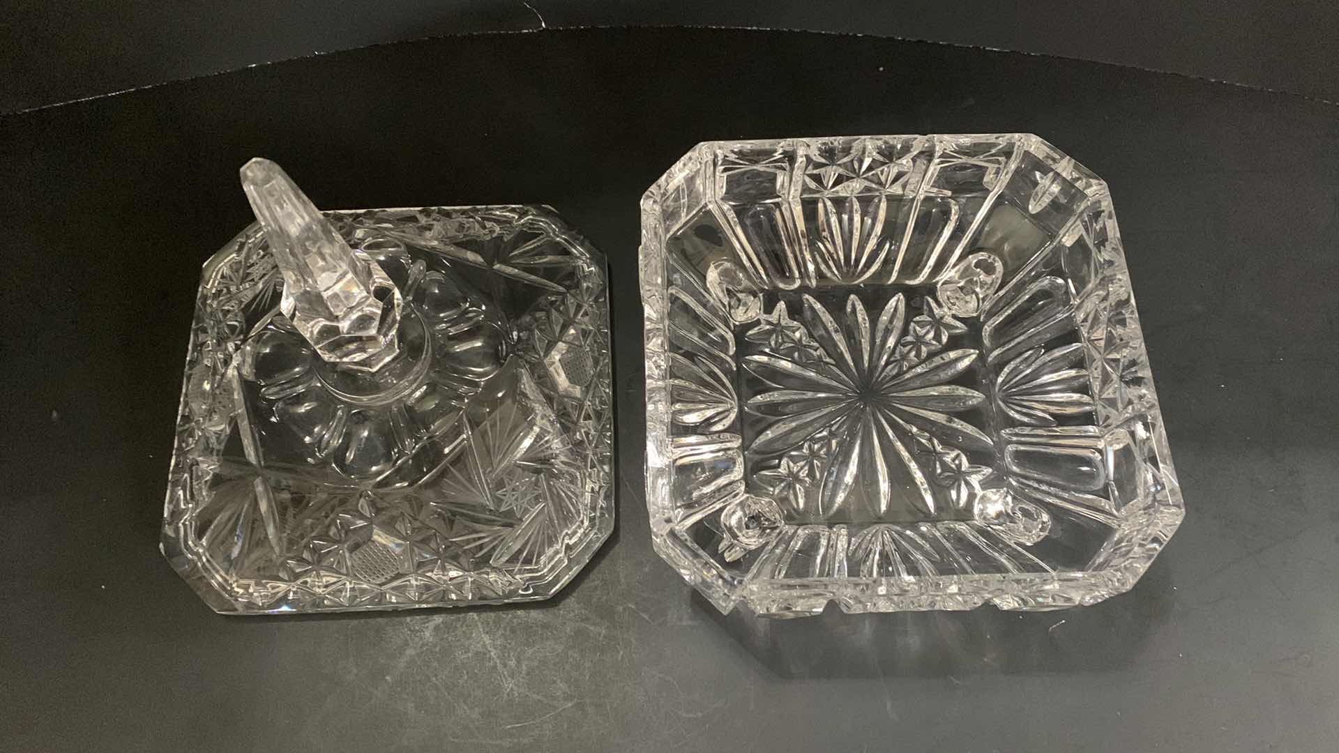 Photo 1 of 6” SQUARE CRYSTAL COVERED CANDY DISH STRAWBERRY AND STAR FLOWER PATTERN